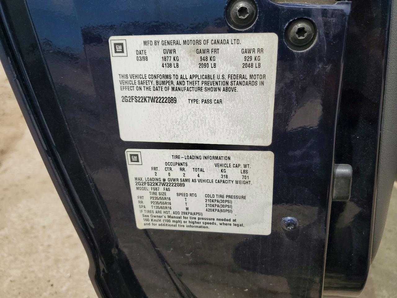 1998 Pontiac Firebird Blue vin: 2G2FS22K7W2222089