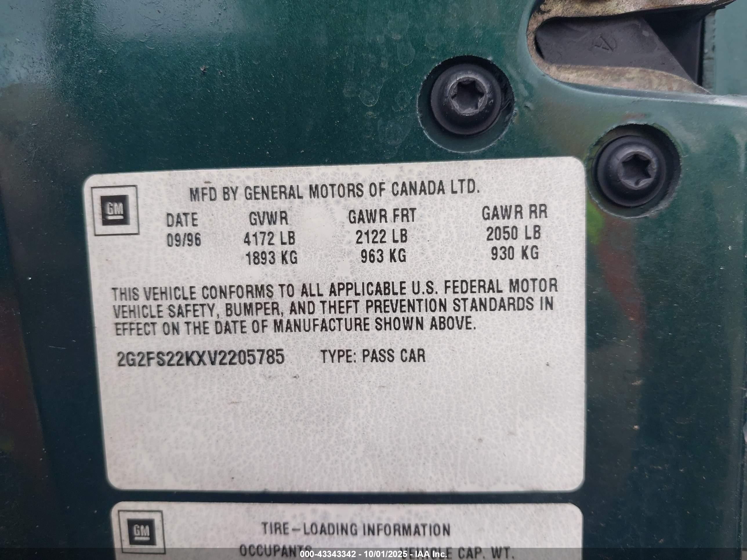 1997 Pontiac Firebird   Green vin: 2G2FS22KXV2205785