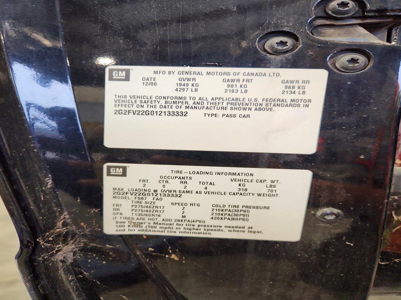 2001 Pontiac Firebird Formula Black vin: 2G2FV22G012133332