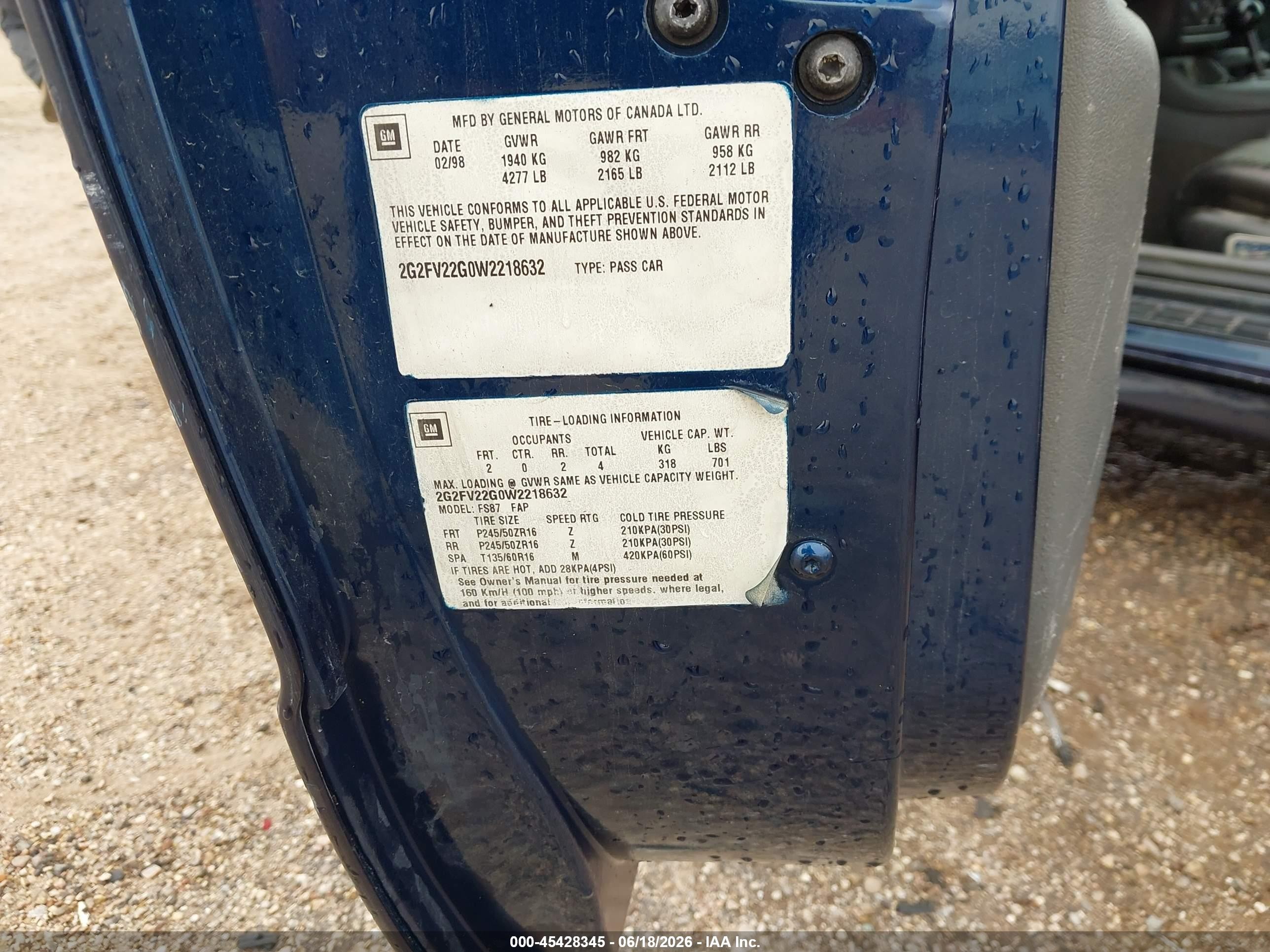 1998 Pontiac Firebird Trans Am Blue vin: 2G2FV22G0W2218632