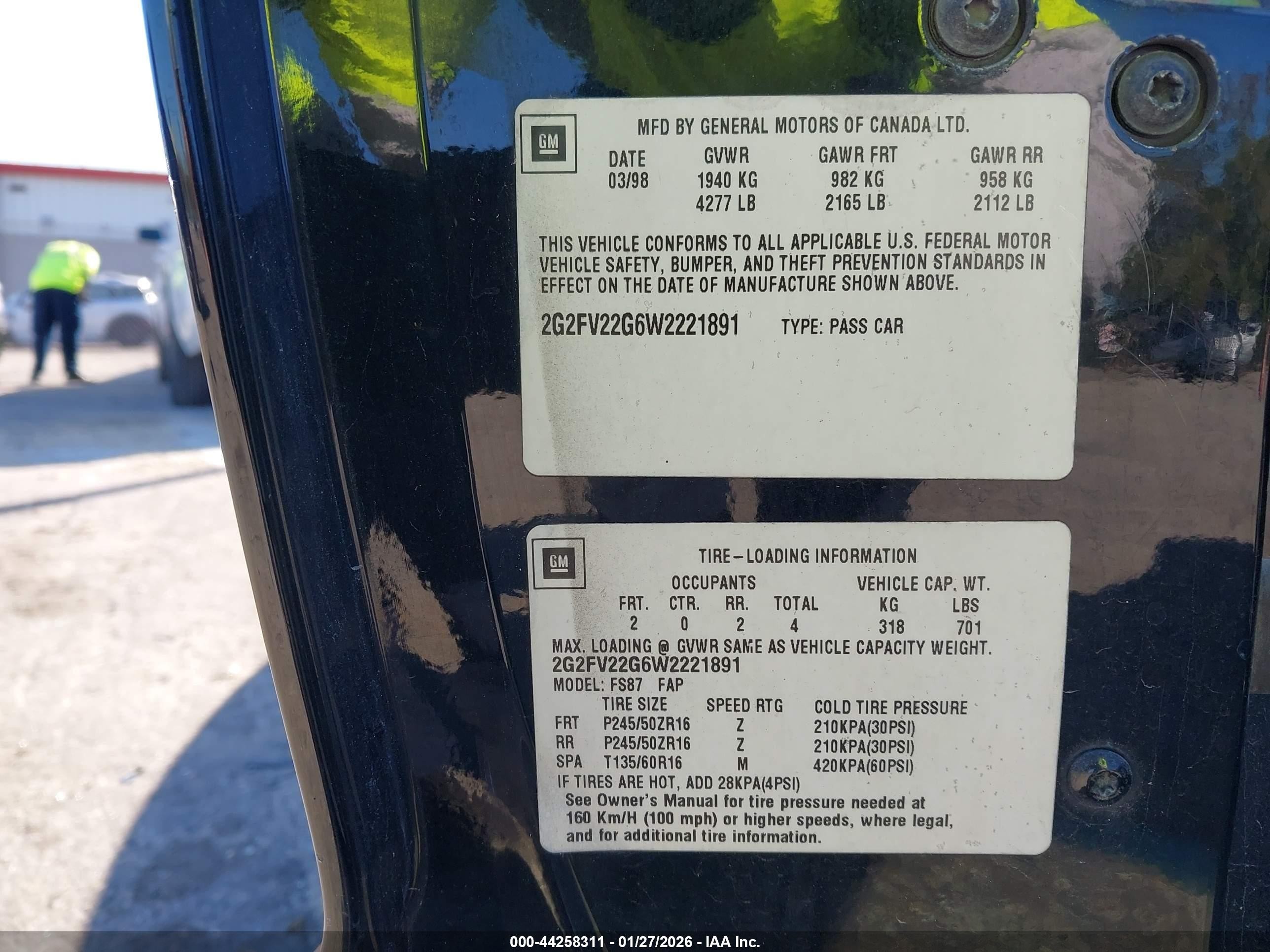 1998 Pontiac Firebird Trans Am Black vin: 2G2FV22G6W2221891
