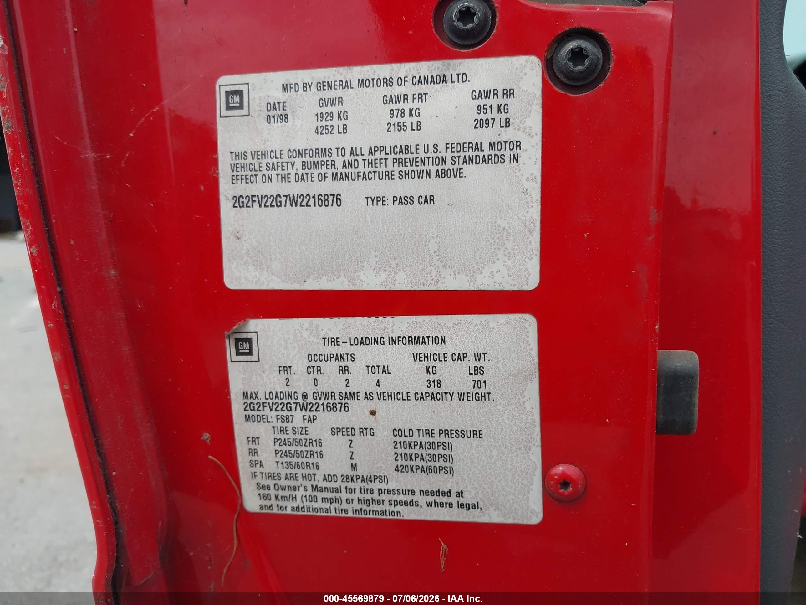 1998 Pontiac Firebird Trans Am Red vin: 2G2FV22G7W2216876