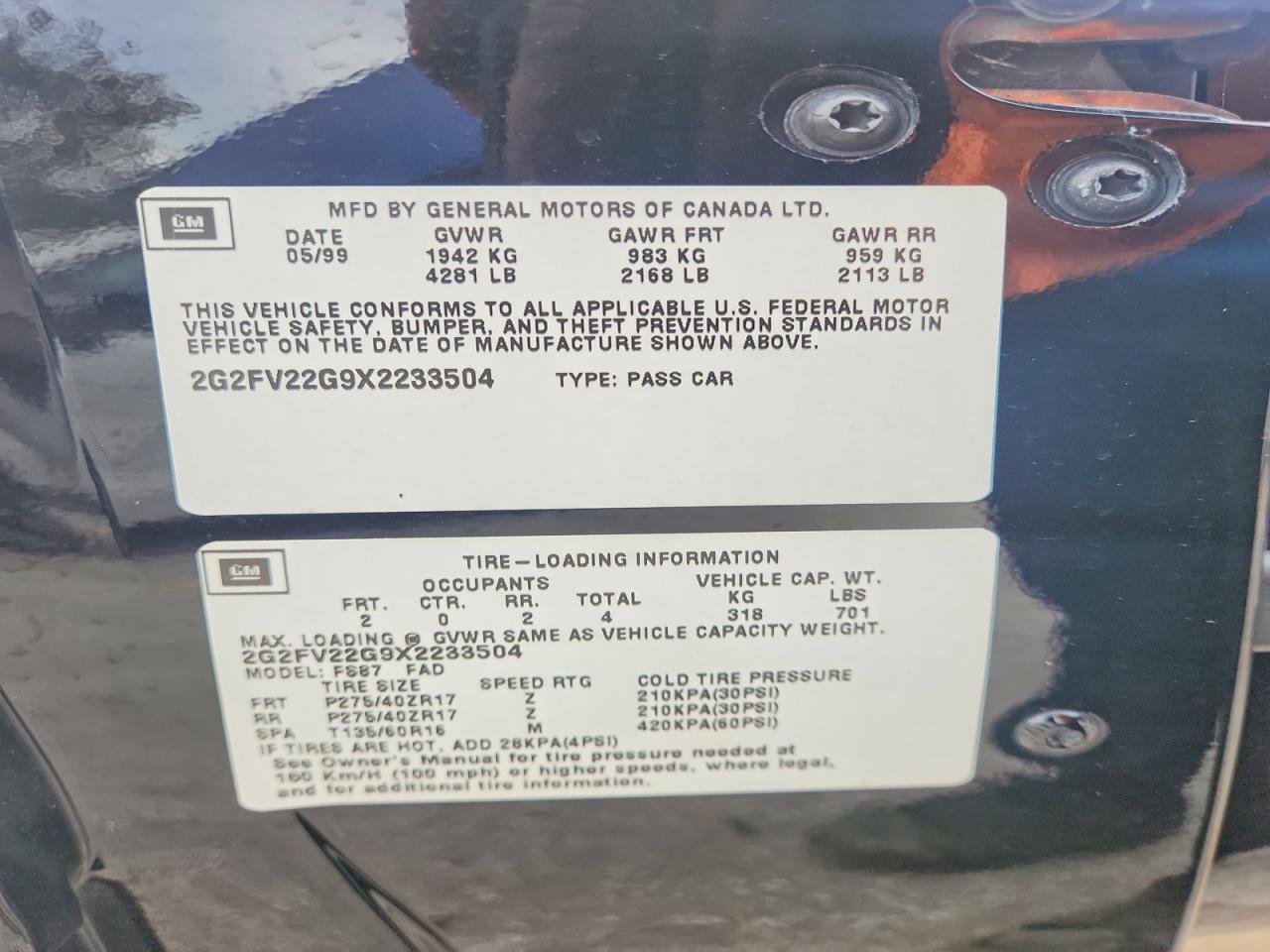 1999 Pontiac Firebird Formula Black vin: 2G2FV22G9X2233504