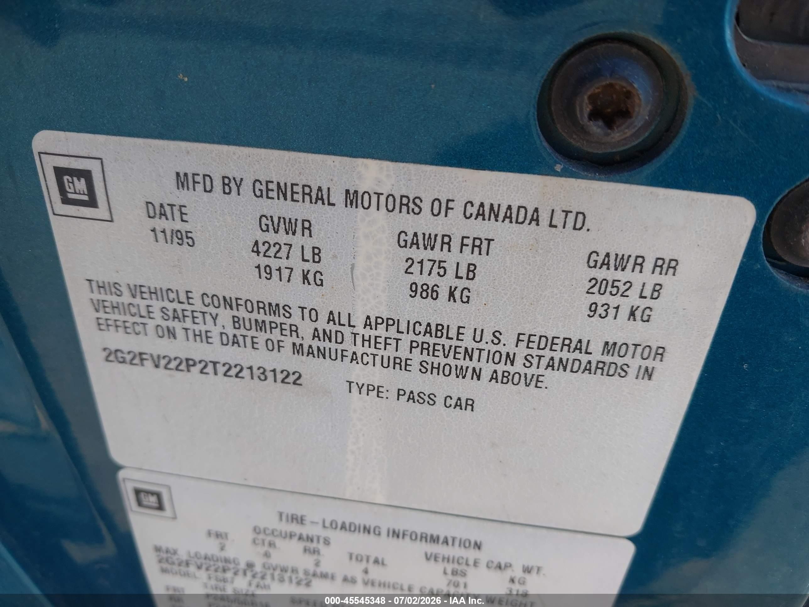 1996 Pontiac Firebird Formula/trans Am Light Blue vin: 2G2FV22P2T2213122