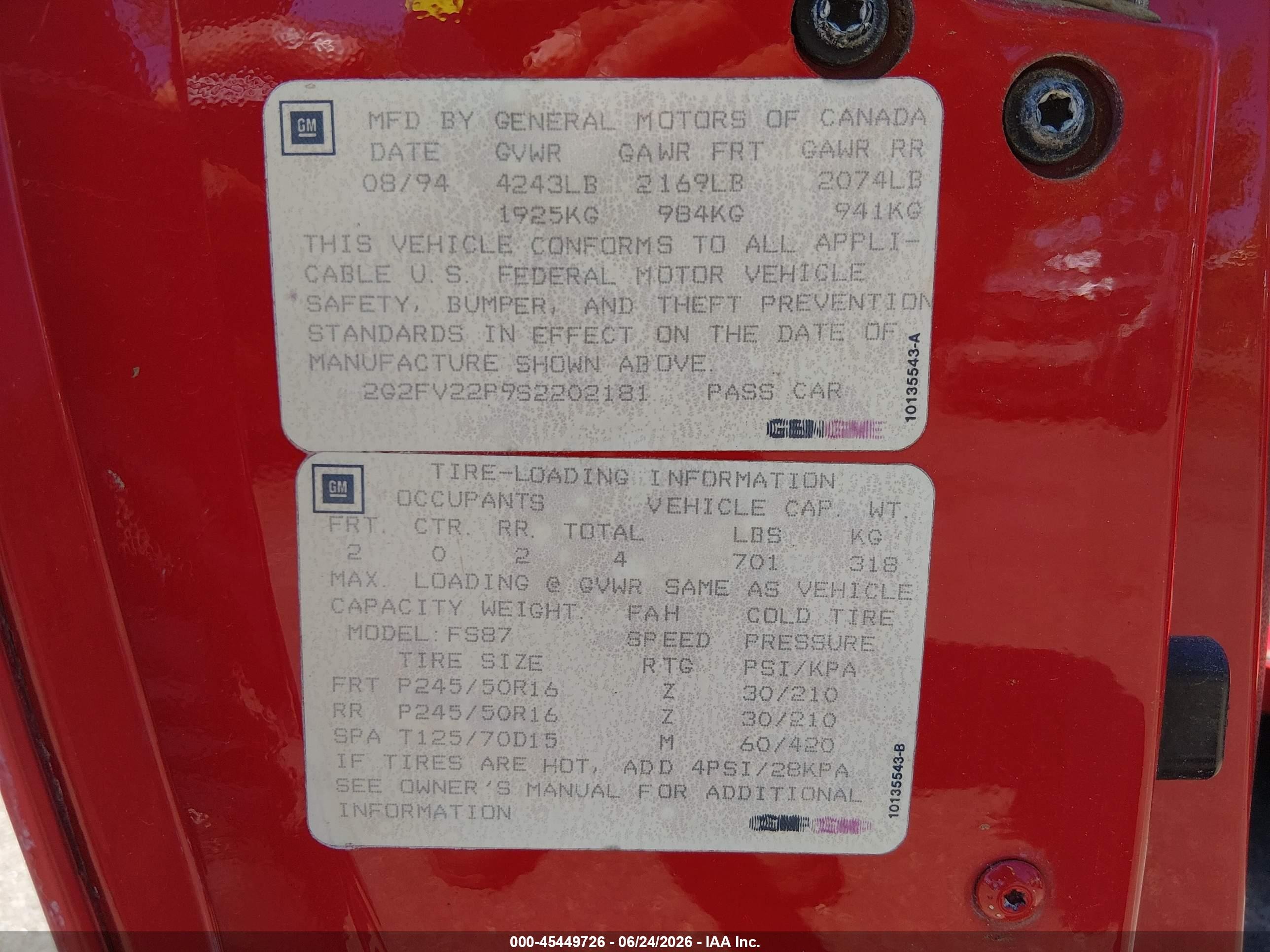 1995 Pontiac Firebird Formula/trans Am Красный vin: 2G2FV22P9S2202181