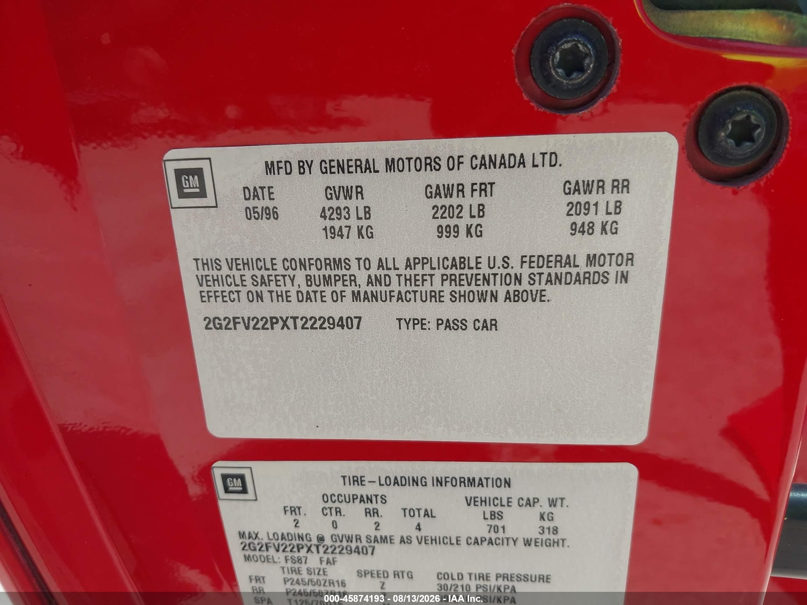 1996 Pontiac Firebird Formula/trans Am Red vin: 2G2FV22PXT2229407