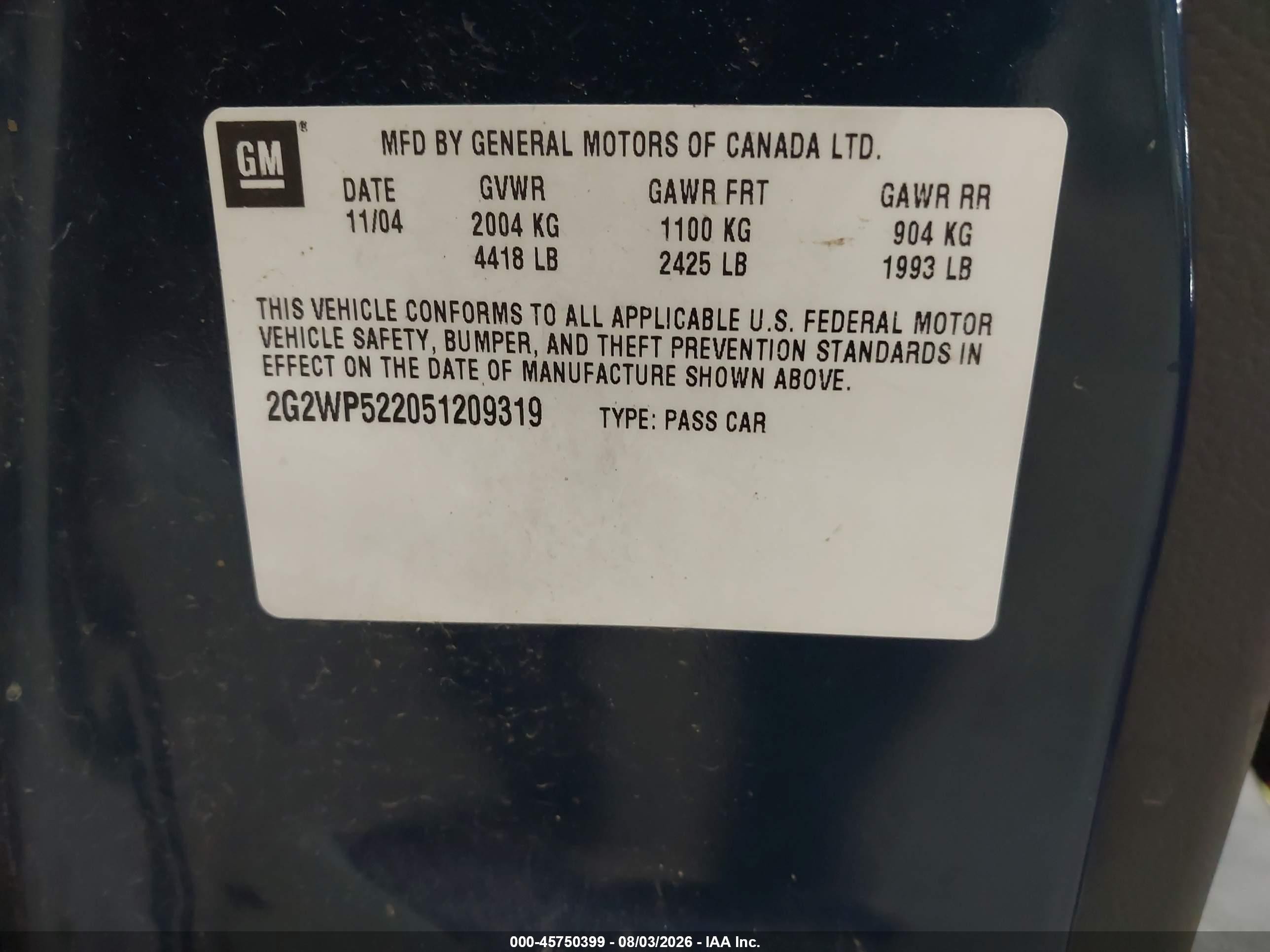2005 Pontiac Grand Prix   Blue vin: 2G2WP522051209319