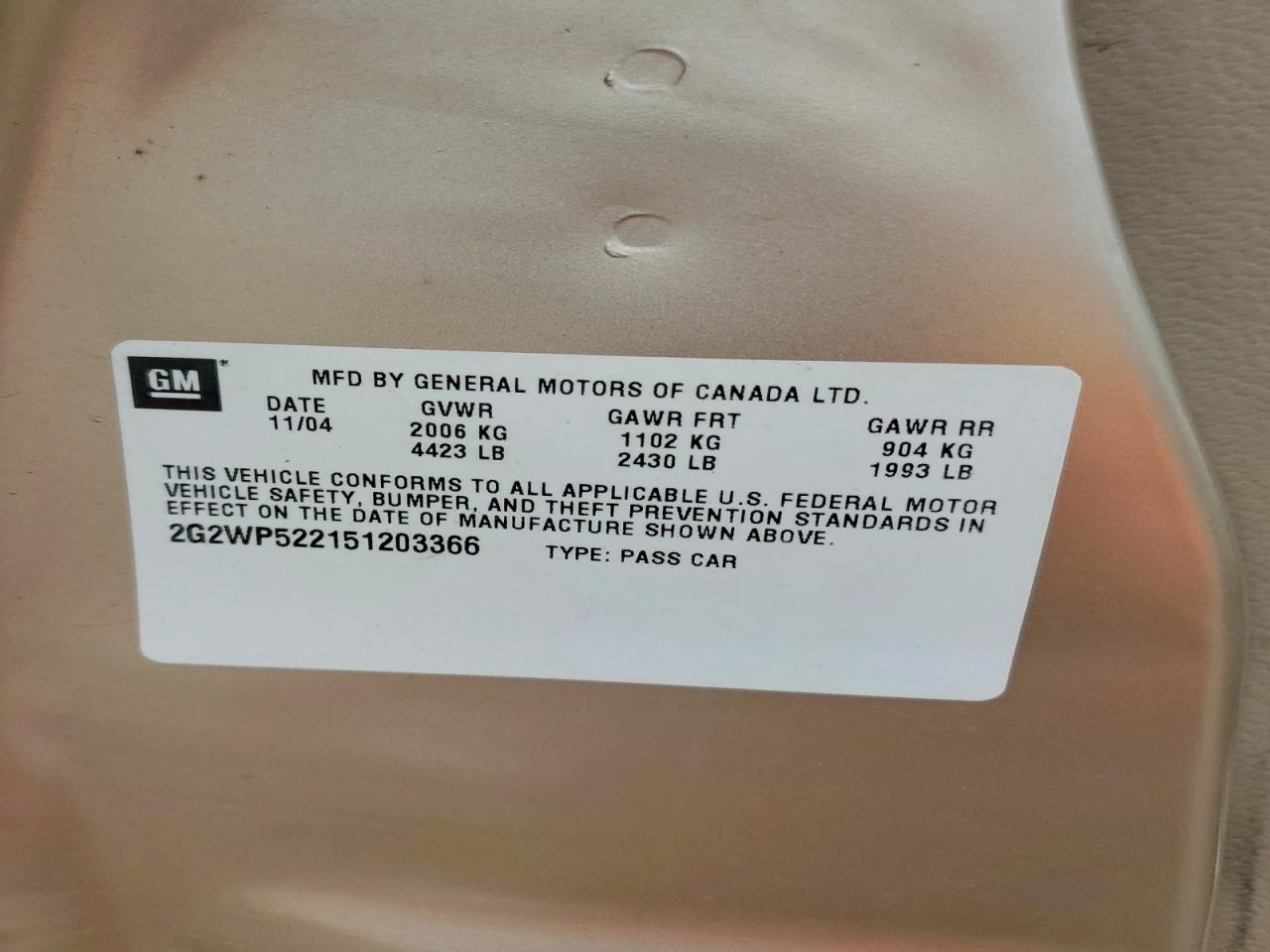 2005 Pontiac Grand Prix Beige vin: 2G2WP522151203366