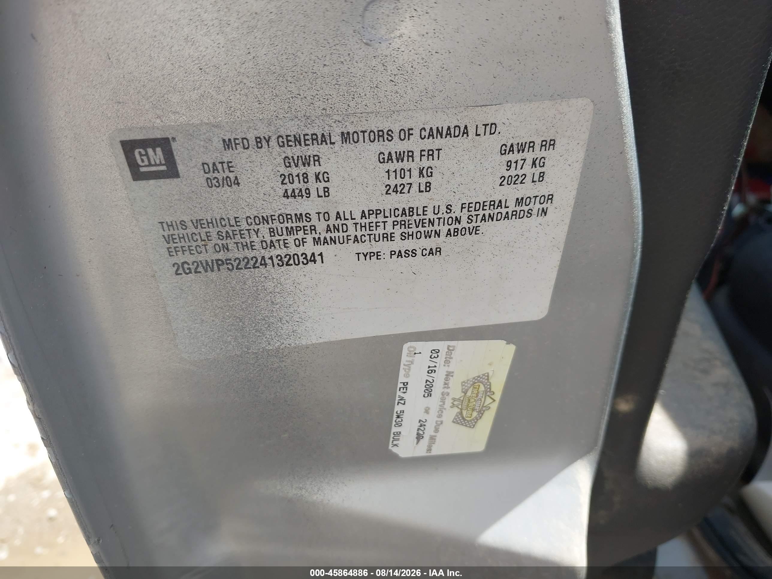 2004 Pontiac Grand Prix Gt1 Серебряный vin: 2G2WP522241320341