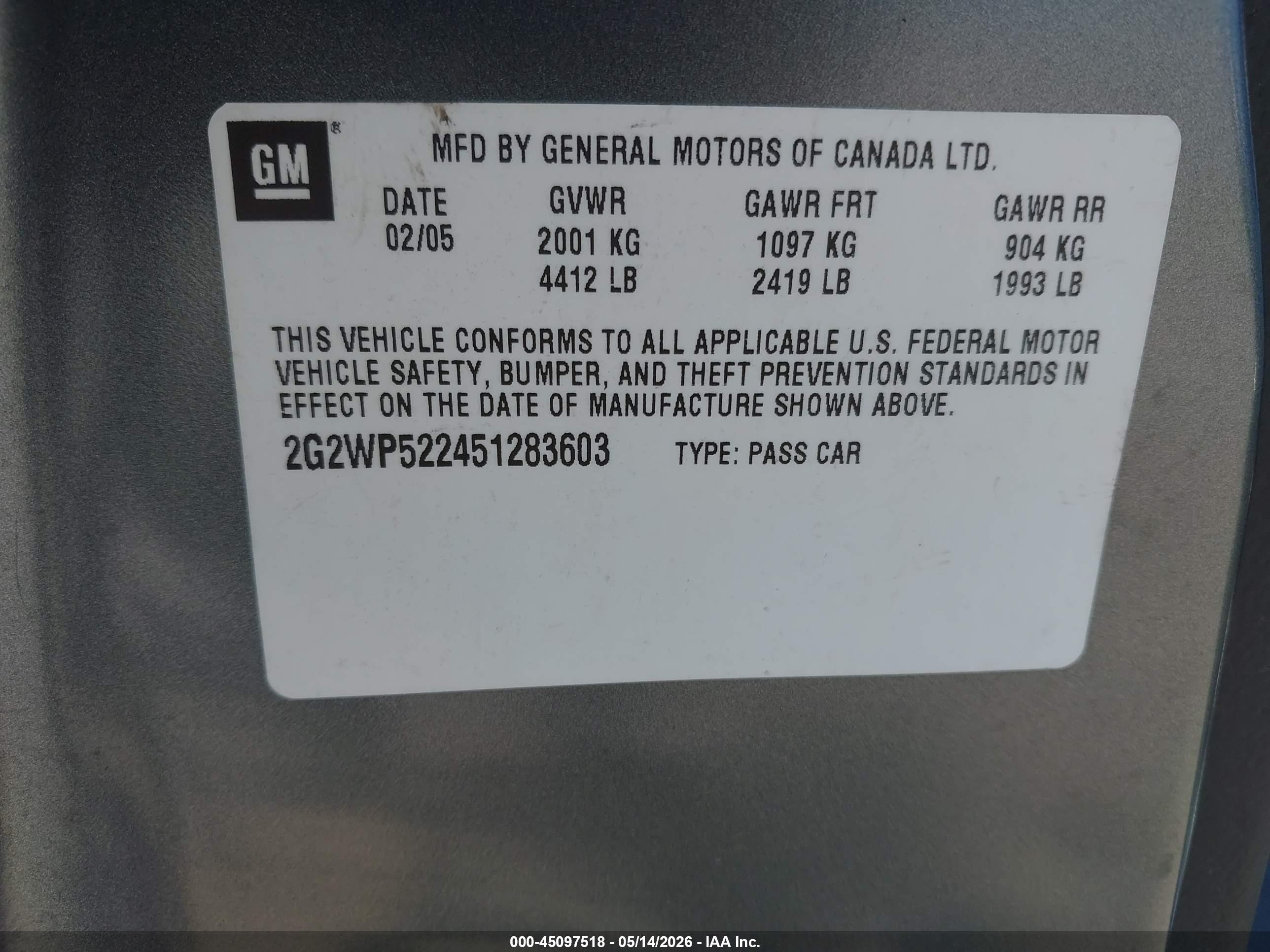 2005 Pontiac Grand Prix   Gray vin: 2G2WP522451283603