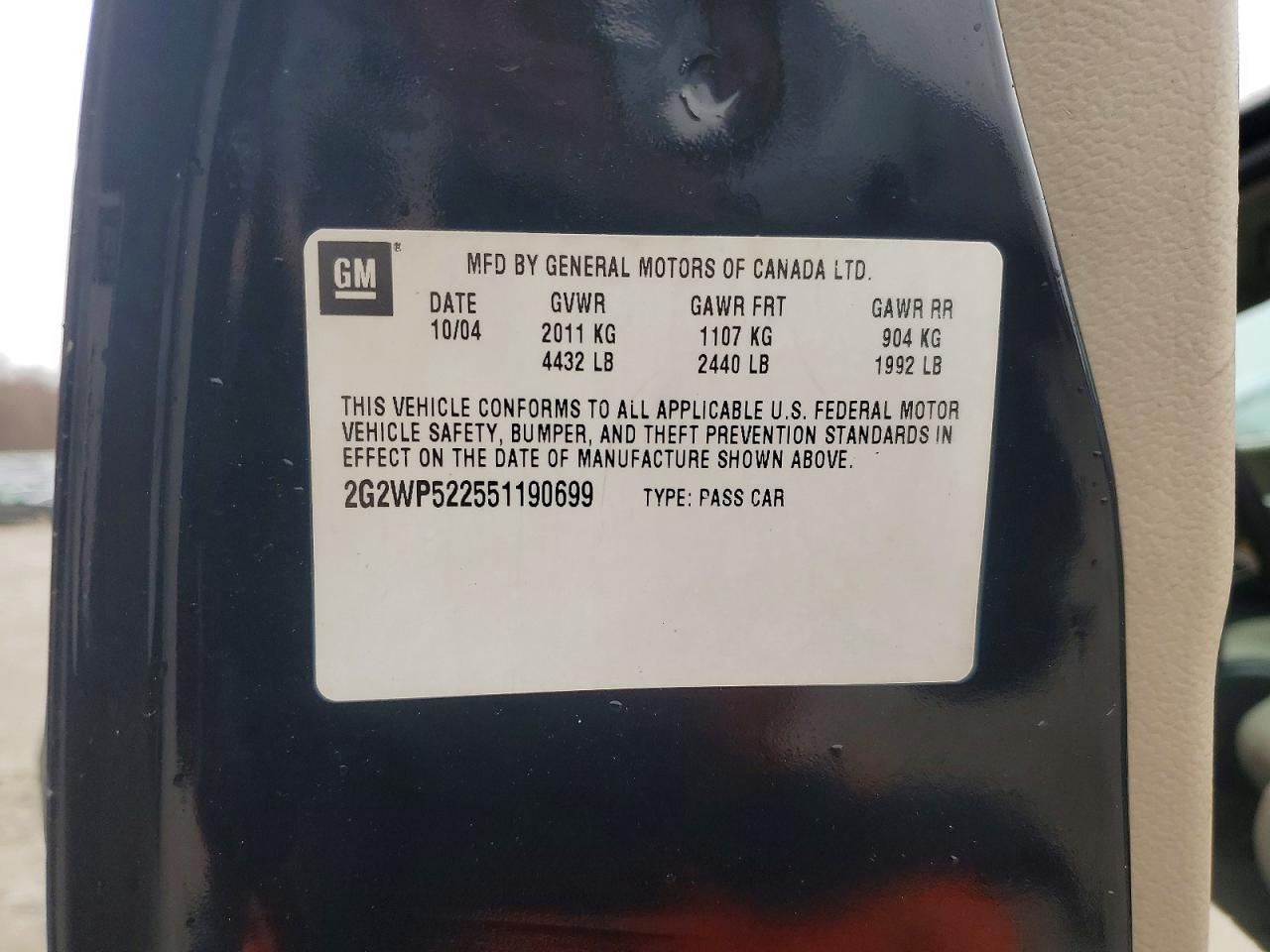 2005 Pontiac Grand Prix Black vin: 2G2WP522551190699