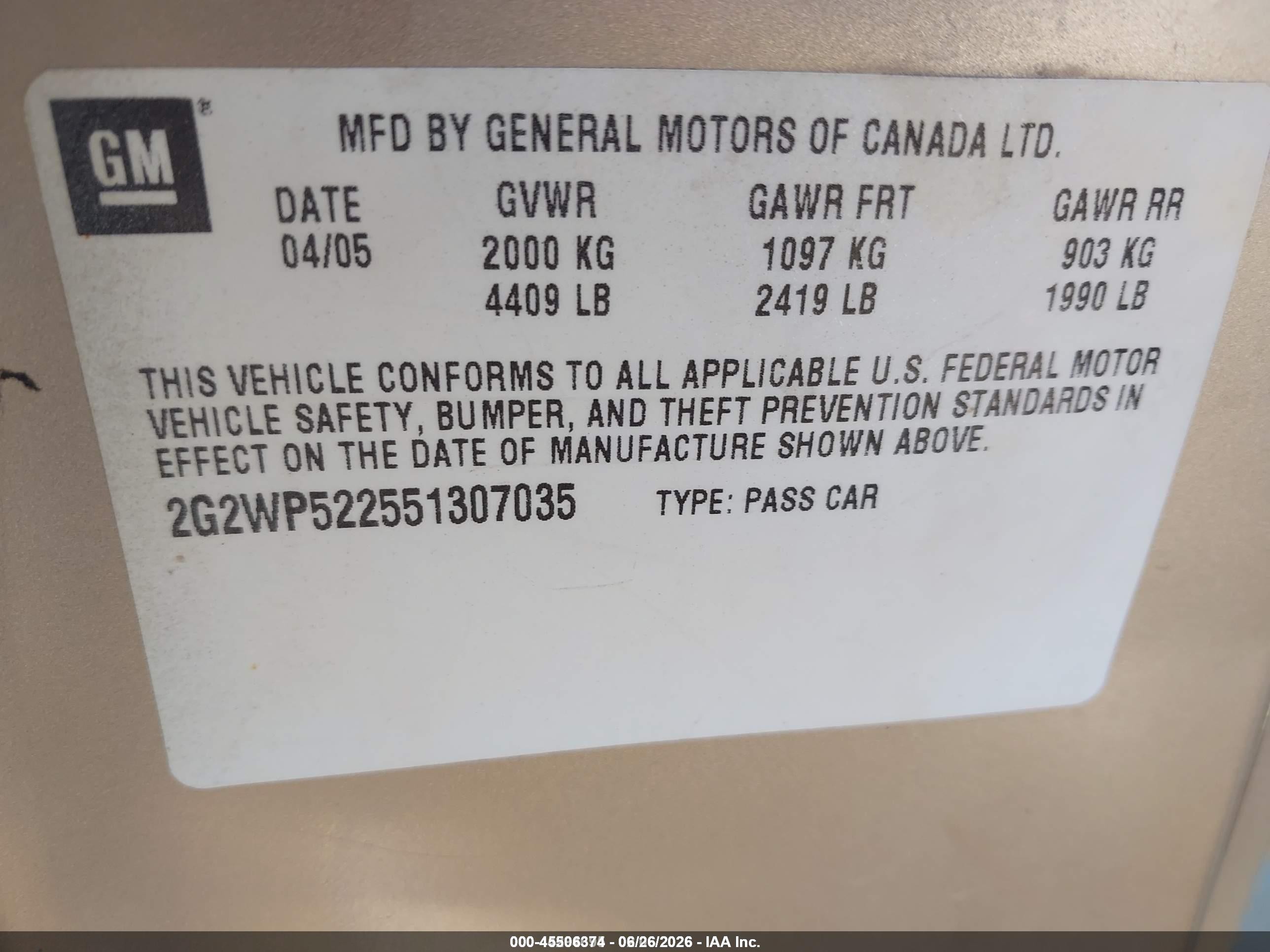 2005 Pontiac Grand Prix   Beige vin: 2G2WP522551307035