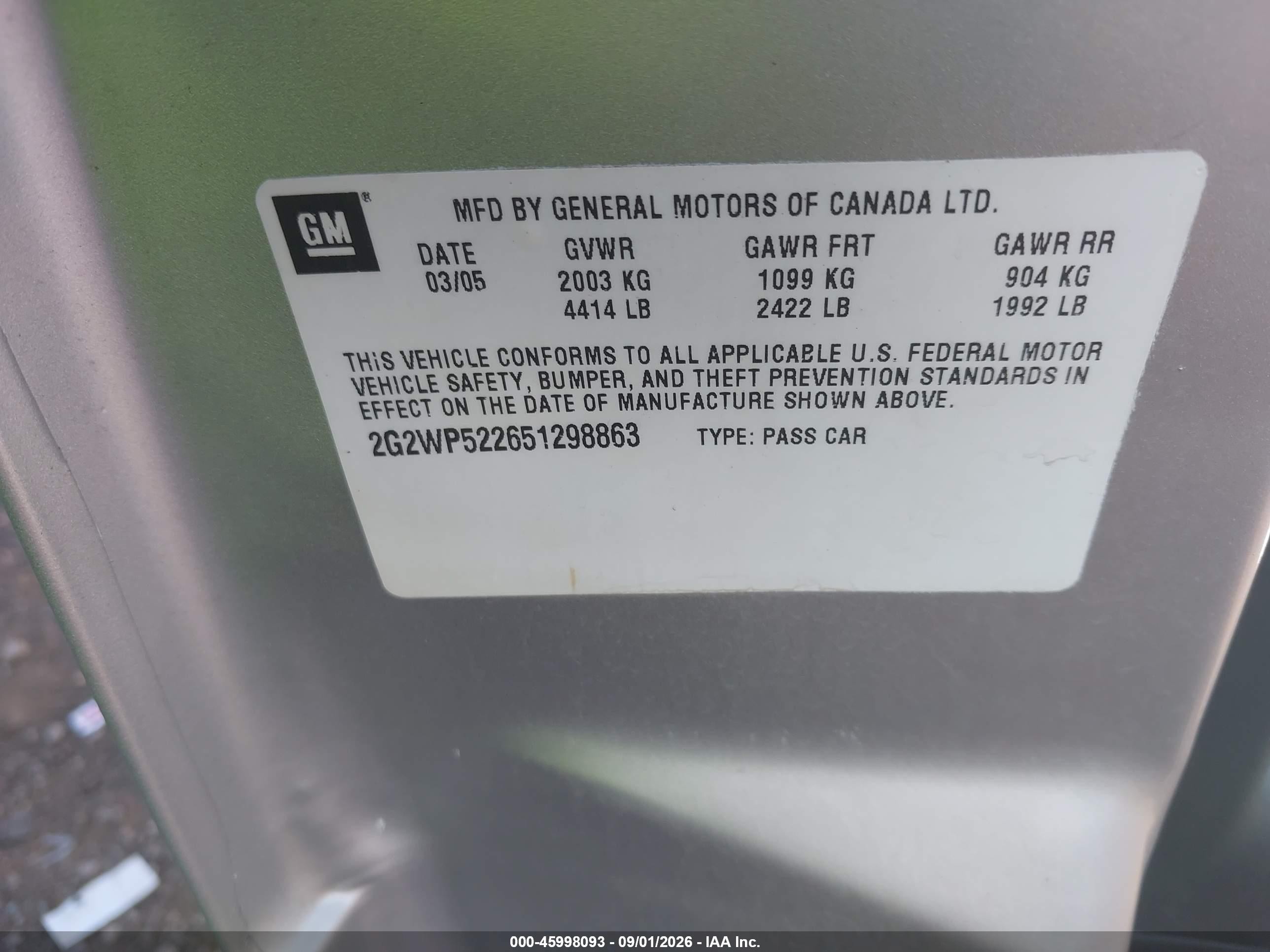 2005 Pontiac Grand Prix Silver vin: 2G2WP522651298863