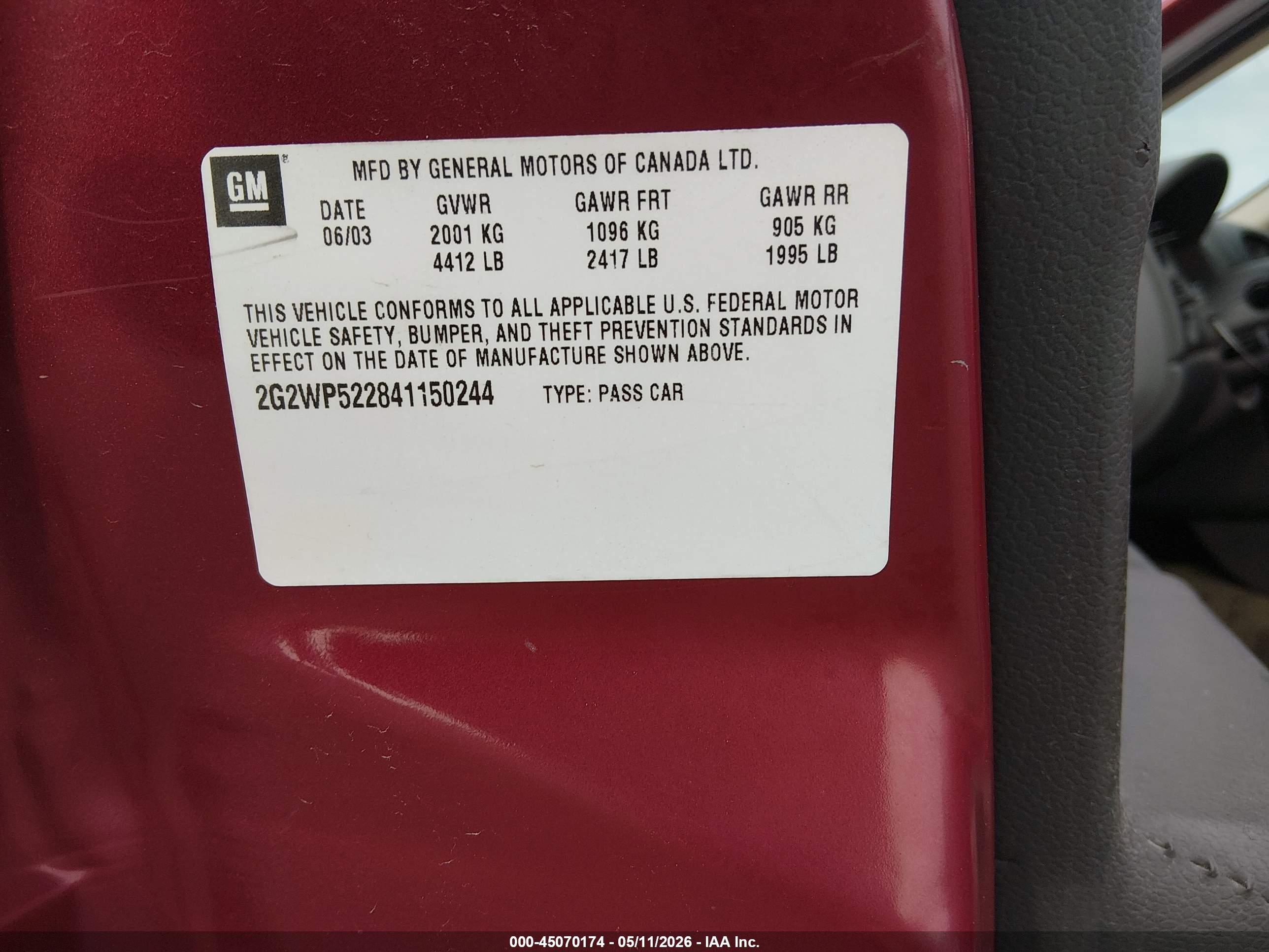 2004 Pontiac Grand Prix Gt1 Maroon vin: 2G2WP522841150244