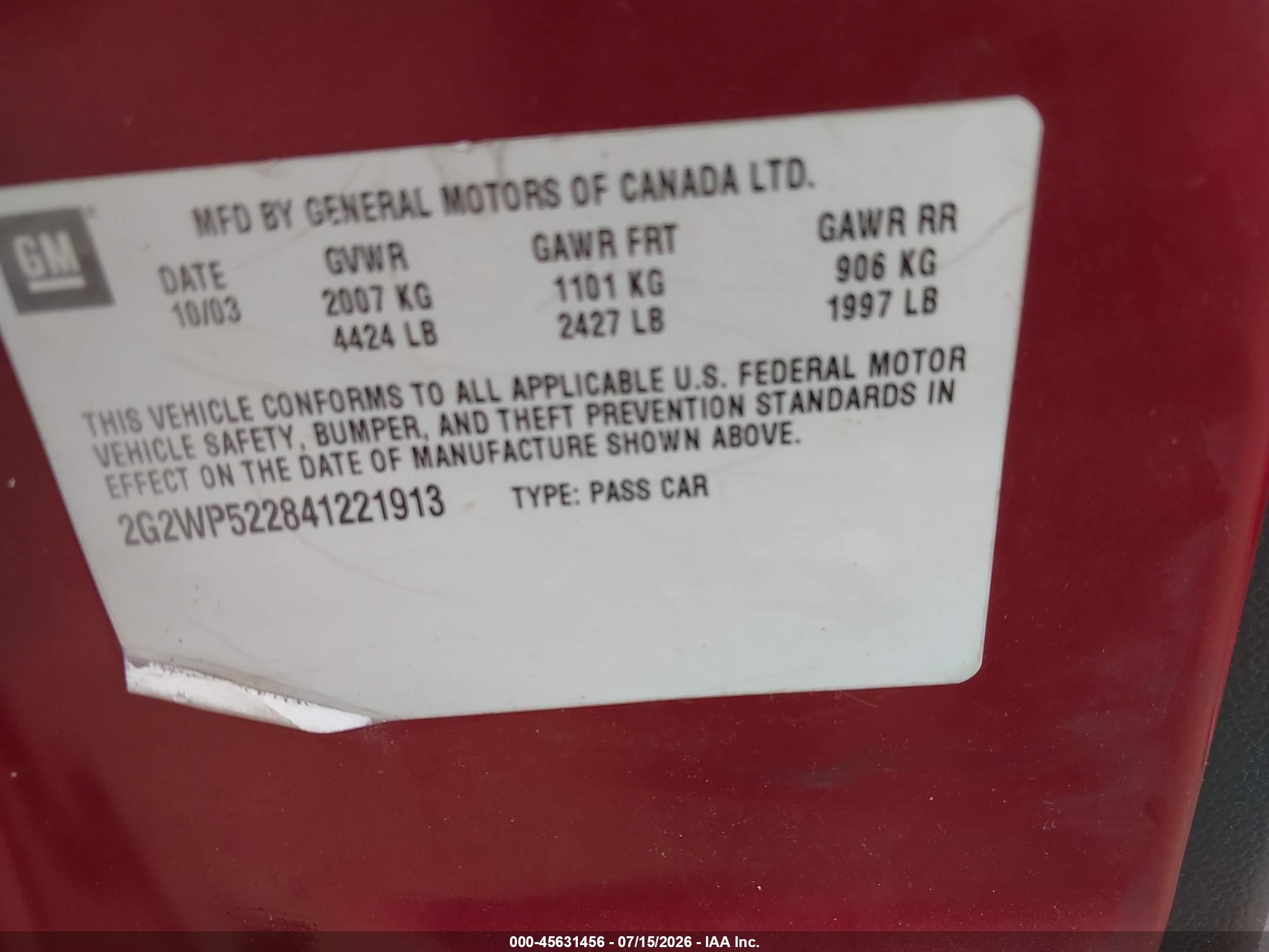 2004 Pontiac Grand Prix Gt1 Red vin: 2G2WP522841221913
