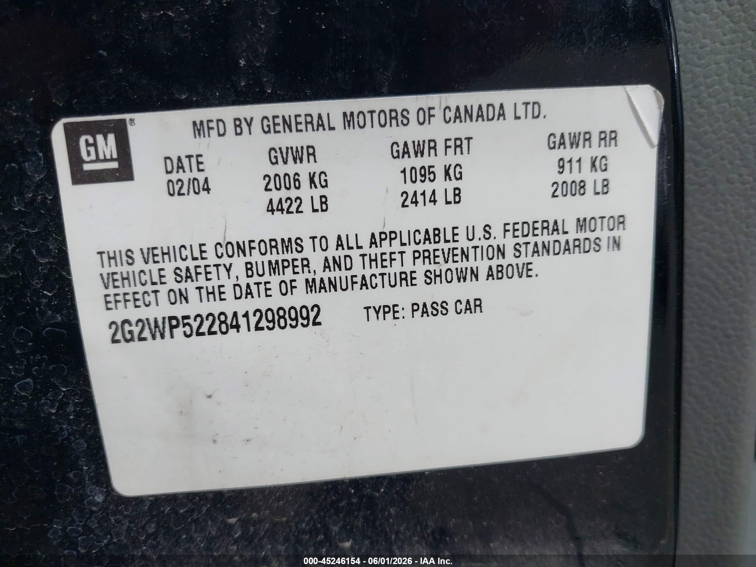 2004 Pontiac Grand Prix Gt1 Black vin: 2G2WP522841298992