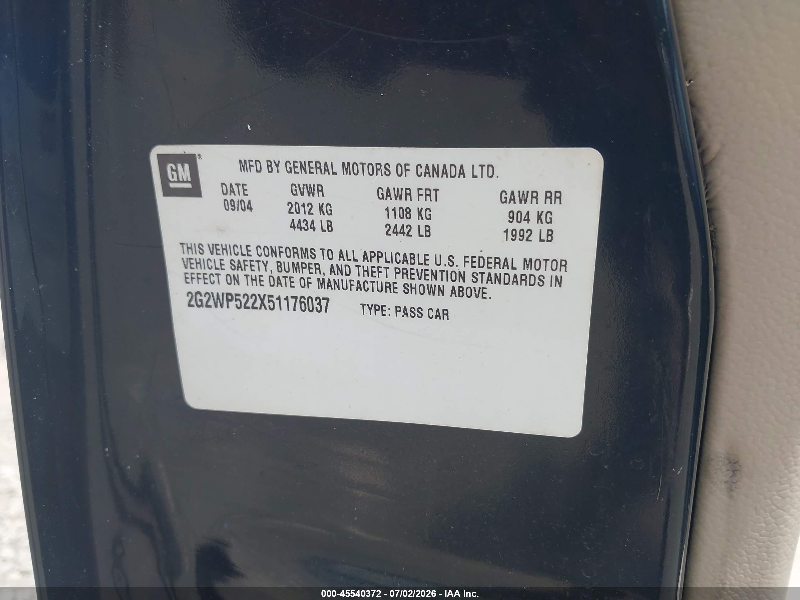 2005 Pontiac Grand Prix   Black vin: 2G2WP522X51176037