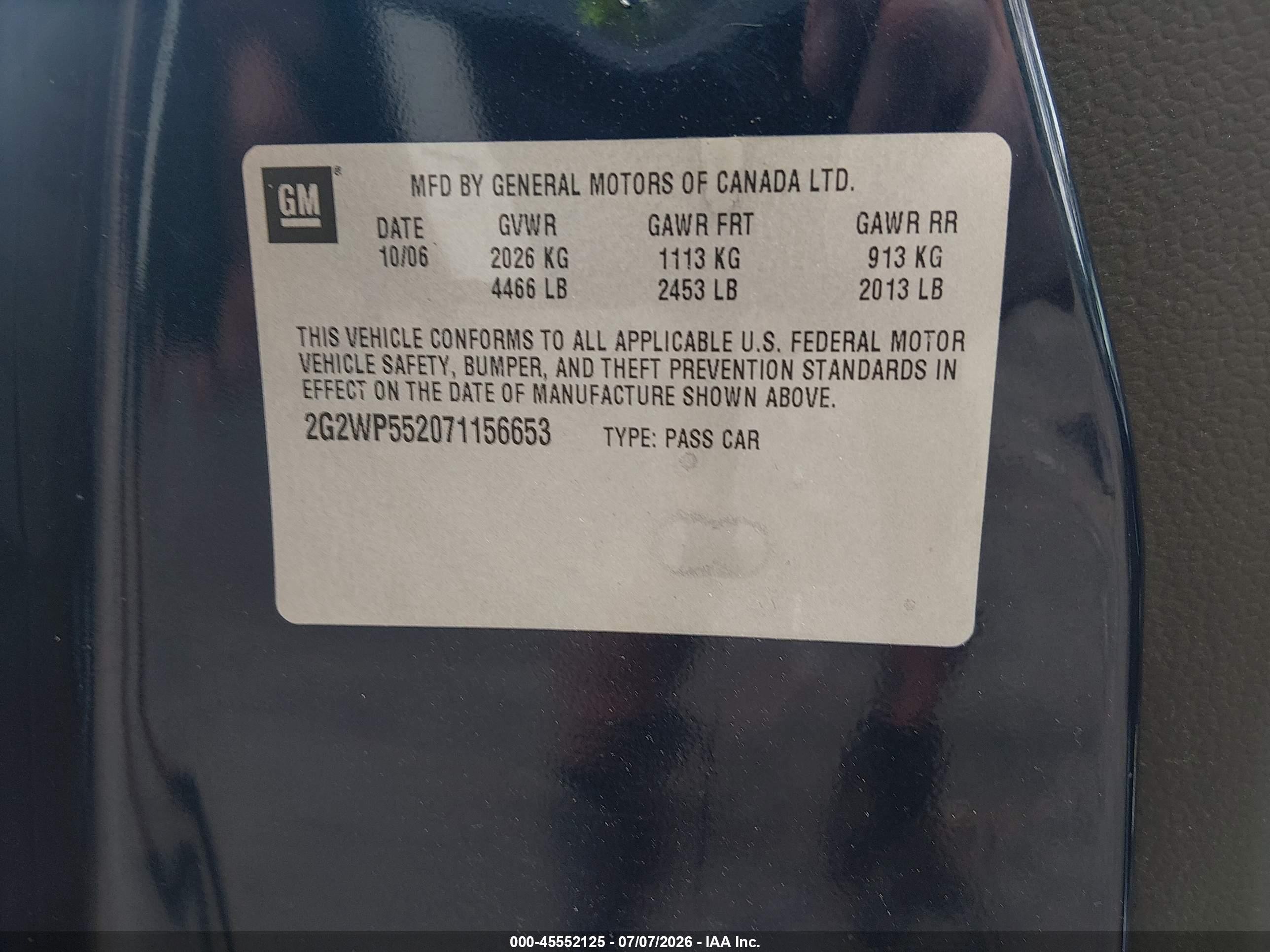 2007 Pontiac Grand Prix Blue vin: 2G2WP552071156653