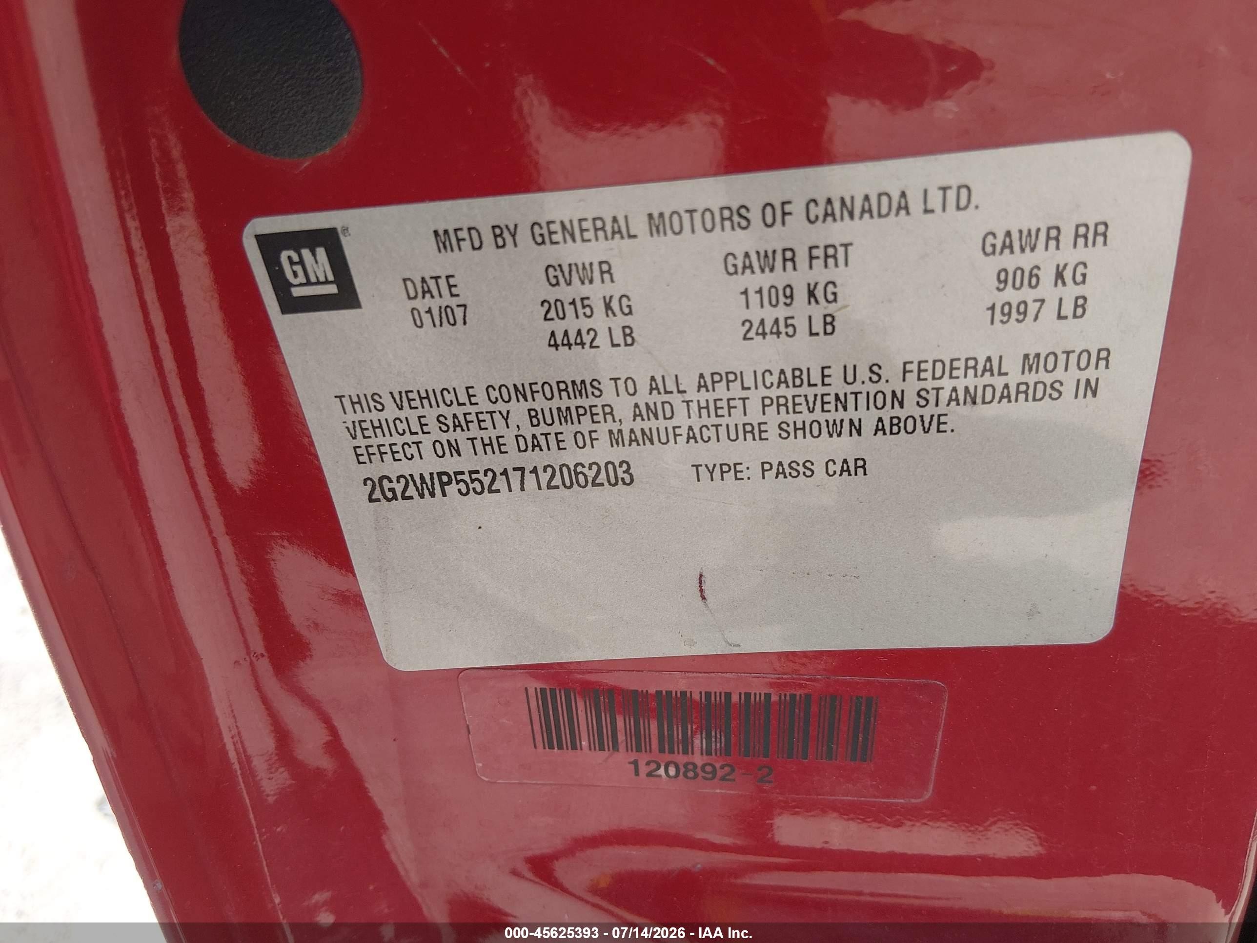 2007 Pontiac Grand Prix   Red vin: 2G2WP552171206203