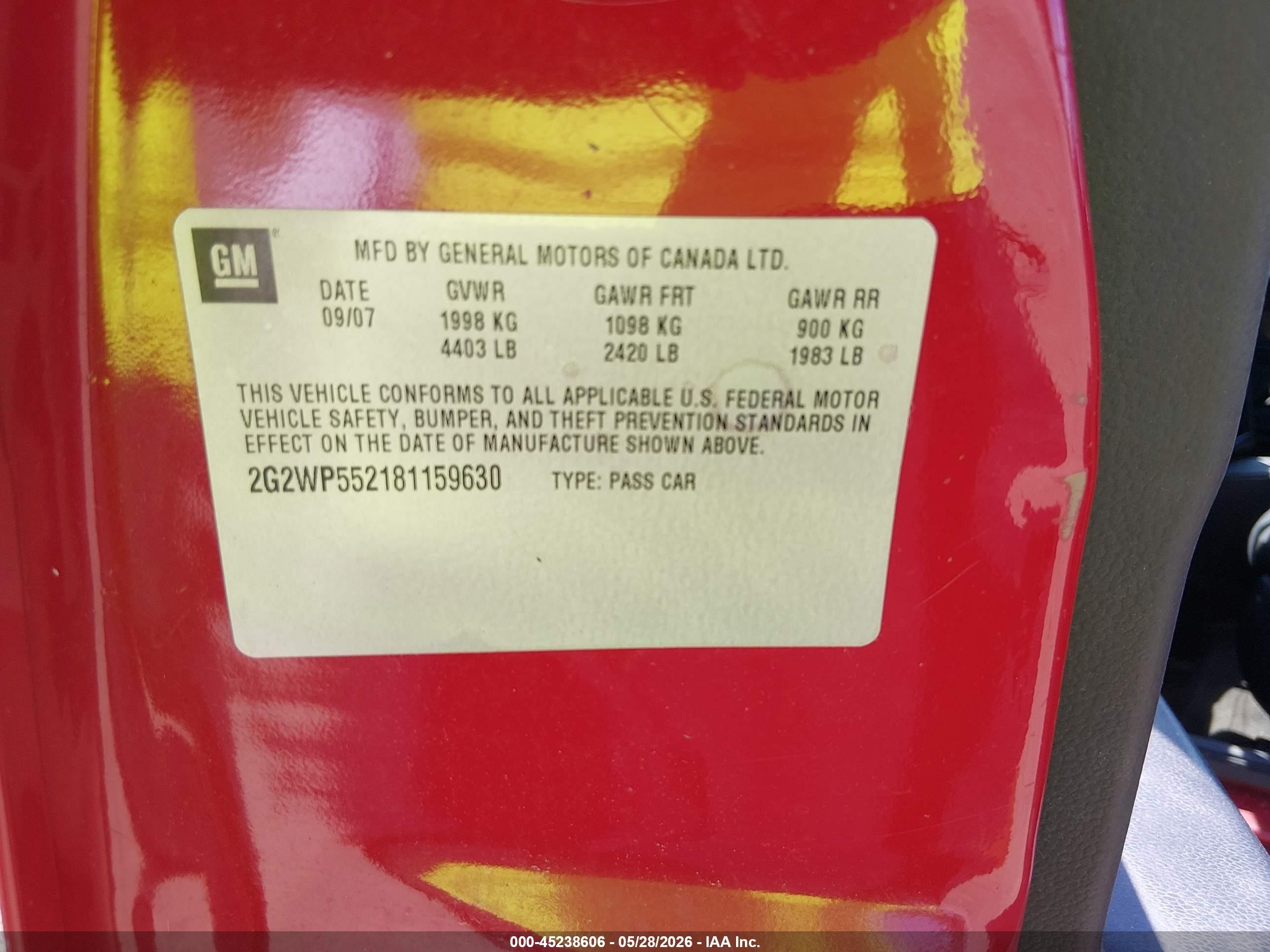 2008 Pontiac Grand Prix   Red vin: 2G2WP552181159630