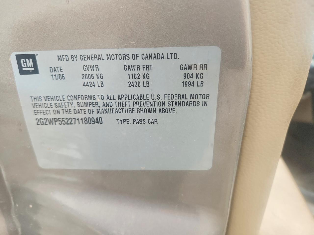 2007 Pontiac Grand Prix Tan vin: 2G2WP552271180940