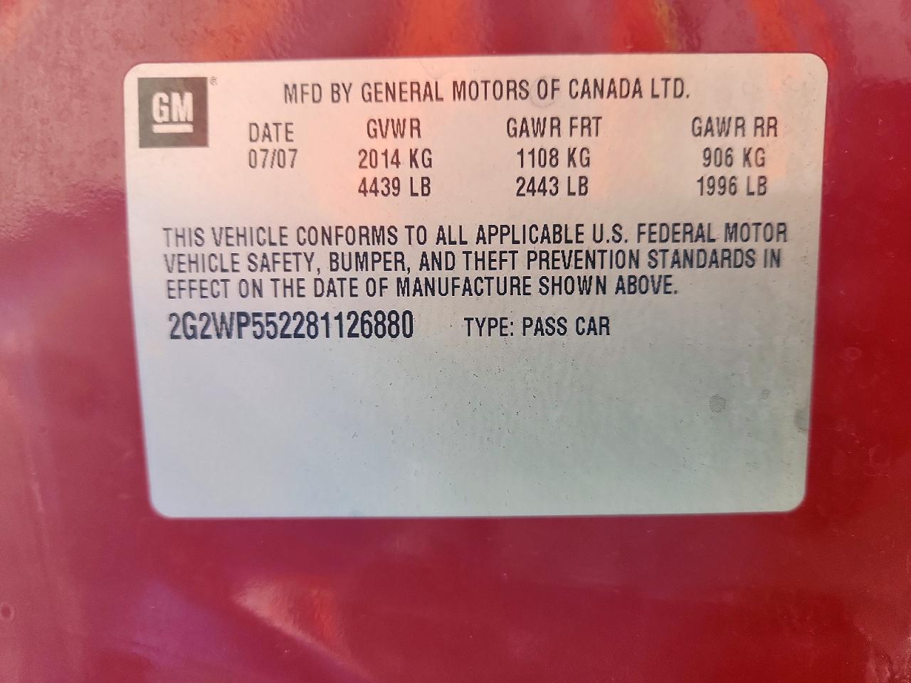 2008 Pontiac Grand Prix Red vin: 2G2WP552281126880