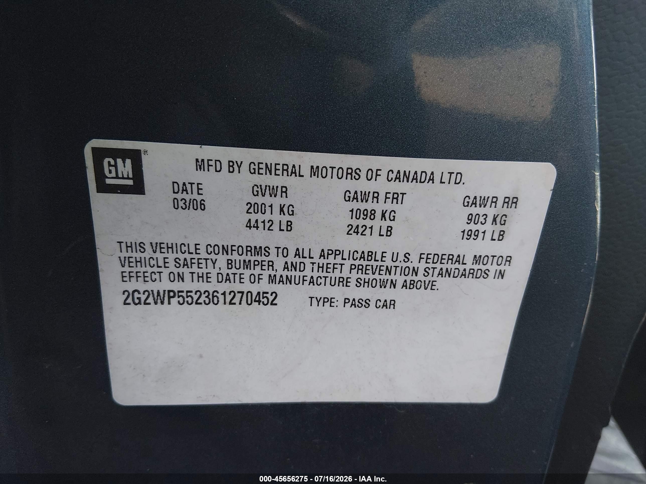 2006 Pontiac Grand Prix   Gray vin: 2G2WP552361270452