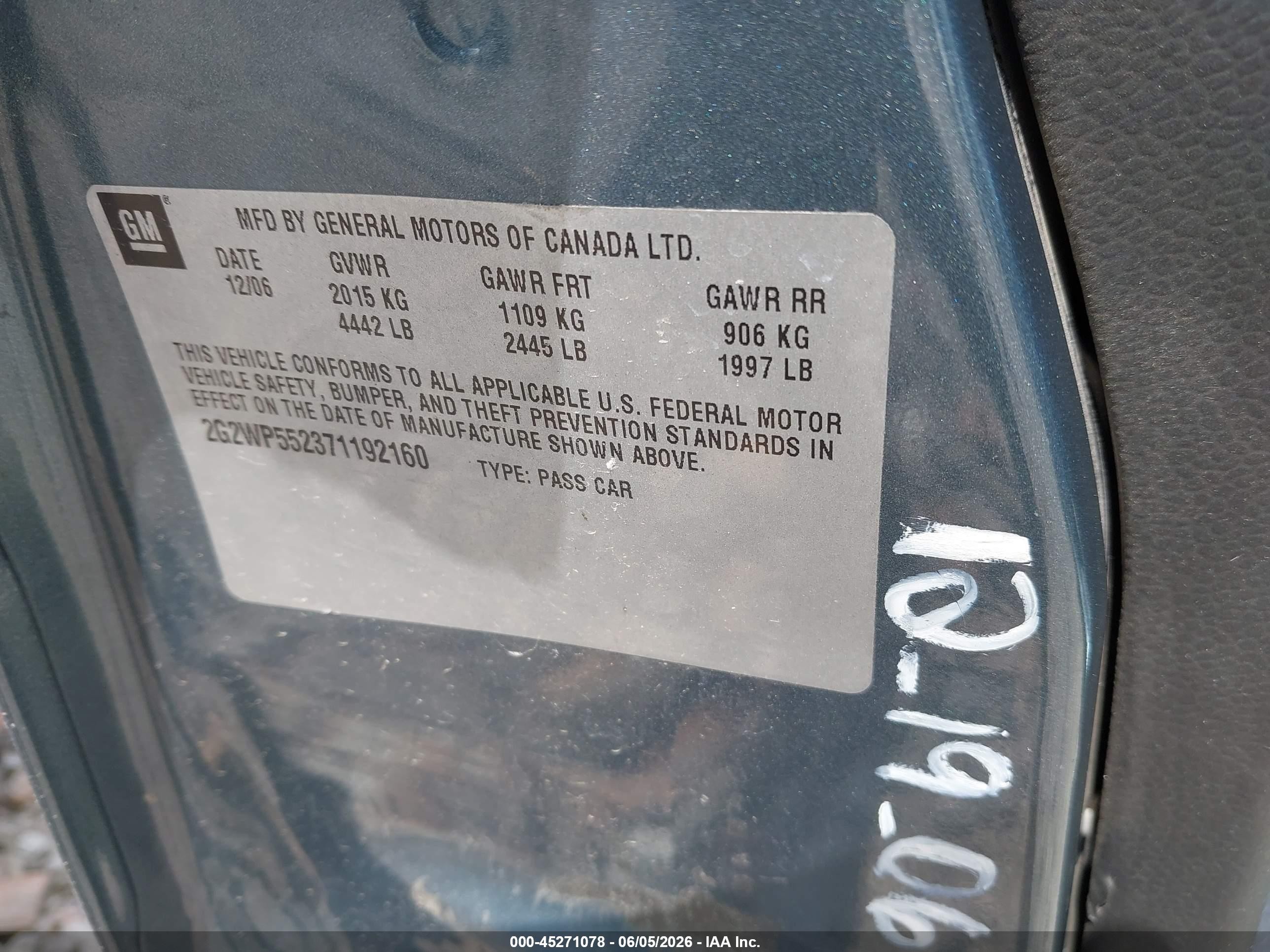 2007 Pontiac Grand Prix   Blue vin: 2G2WP552371192160