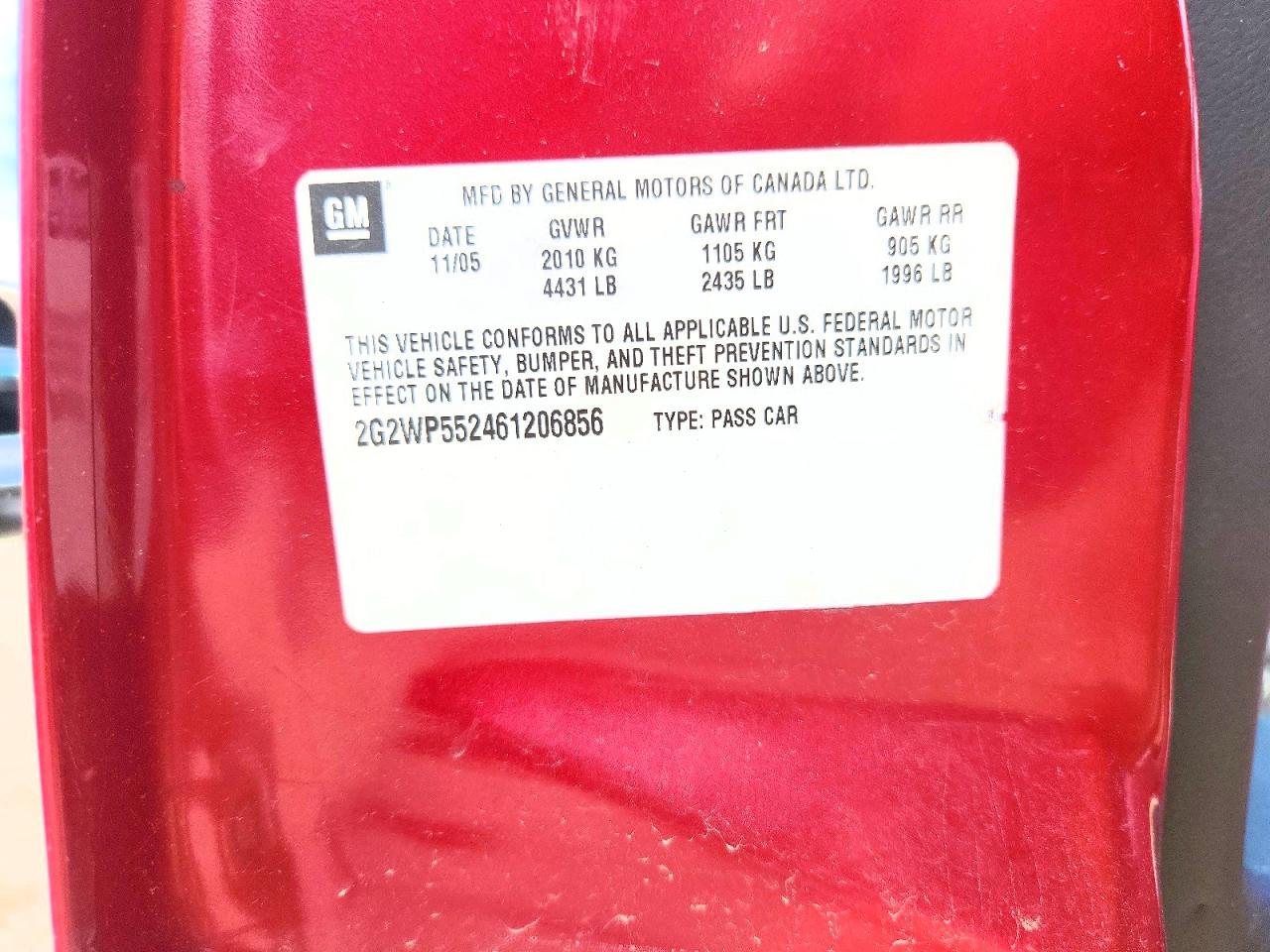 2006 Pontiac Grand Prix Red vin: 2G2WP552461206856