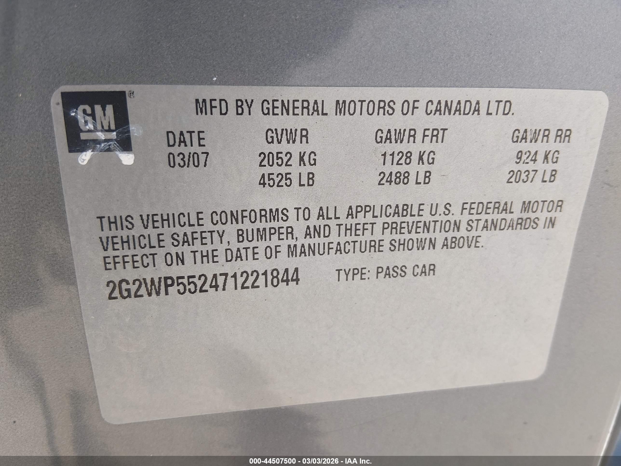 2007 Pontiac Grand Prix   Gray vin: 2G2WP552471221844
