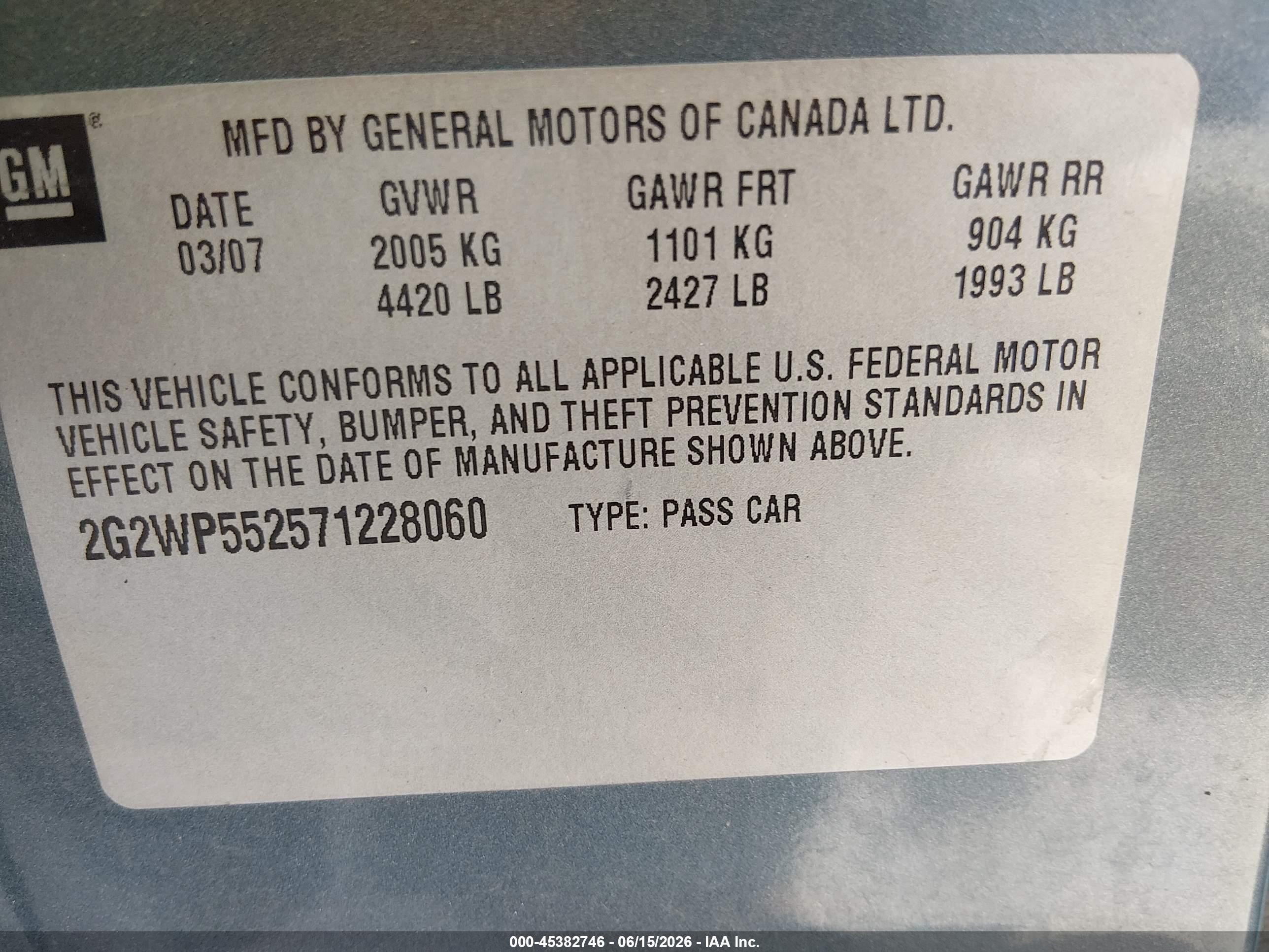 2007 Pontiac Grand Prix   Teal vin: 2G2WP552571228060