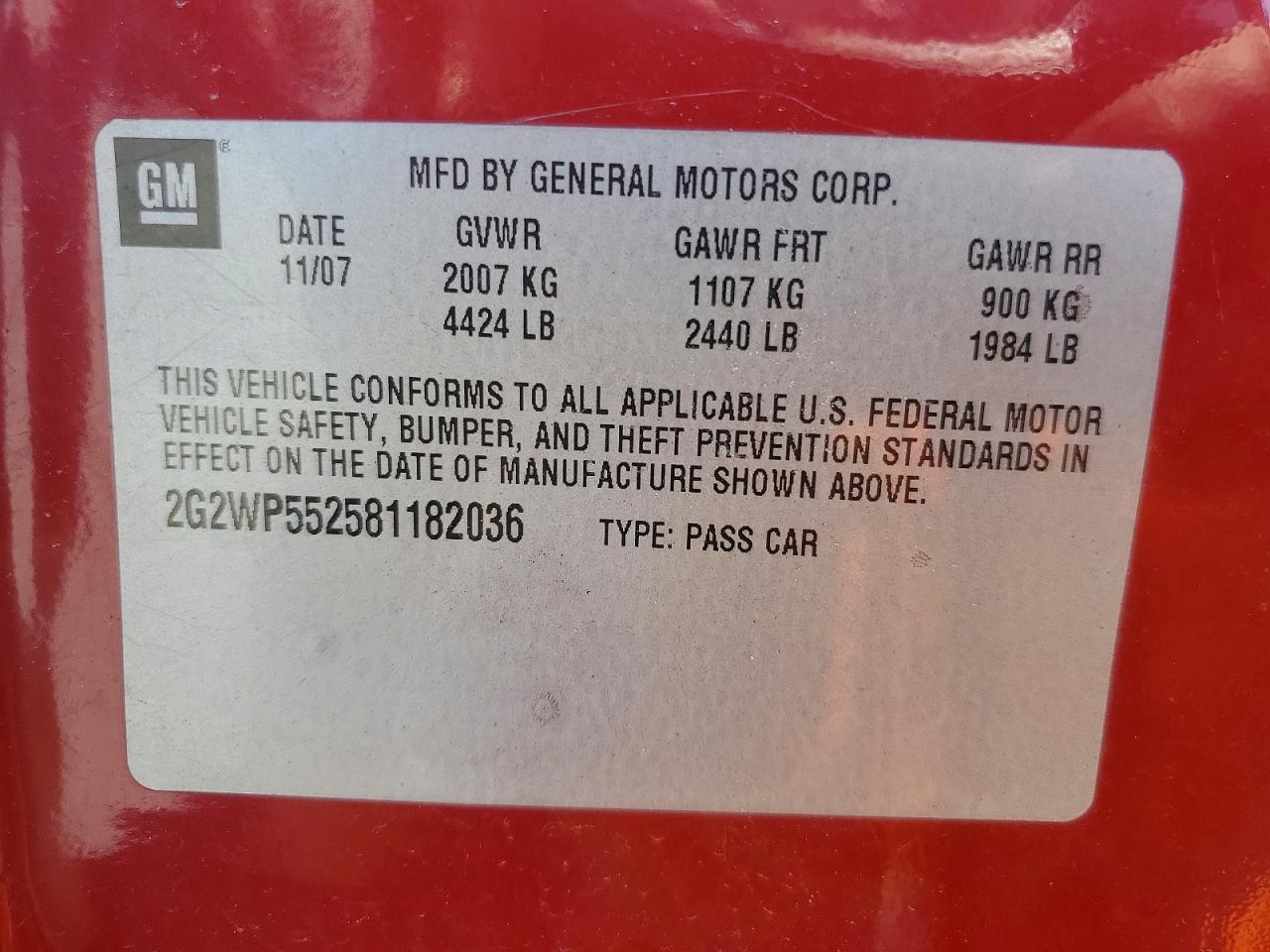 2008 Pontiac Grand Prix Red vin: 2G2WP552581182036