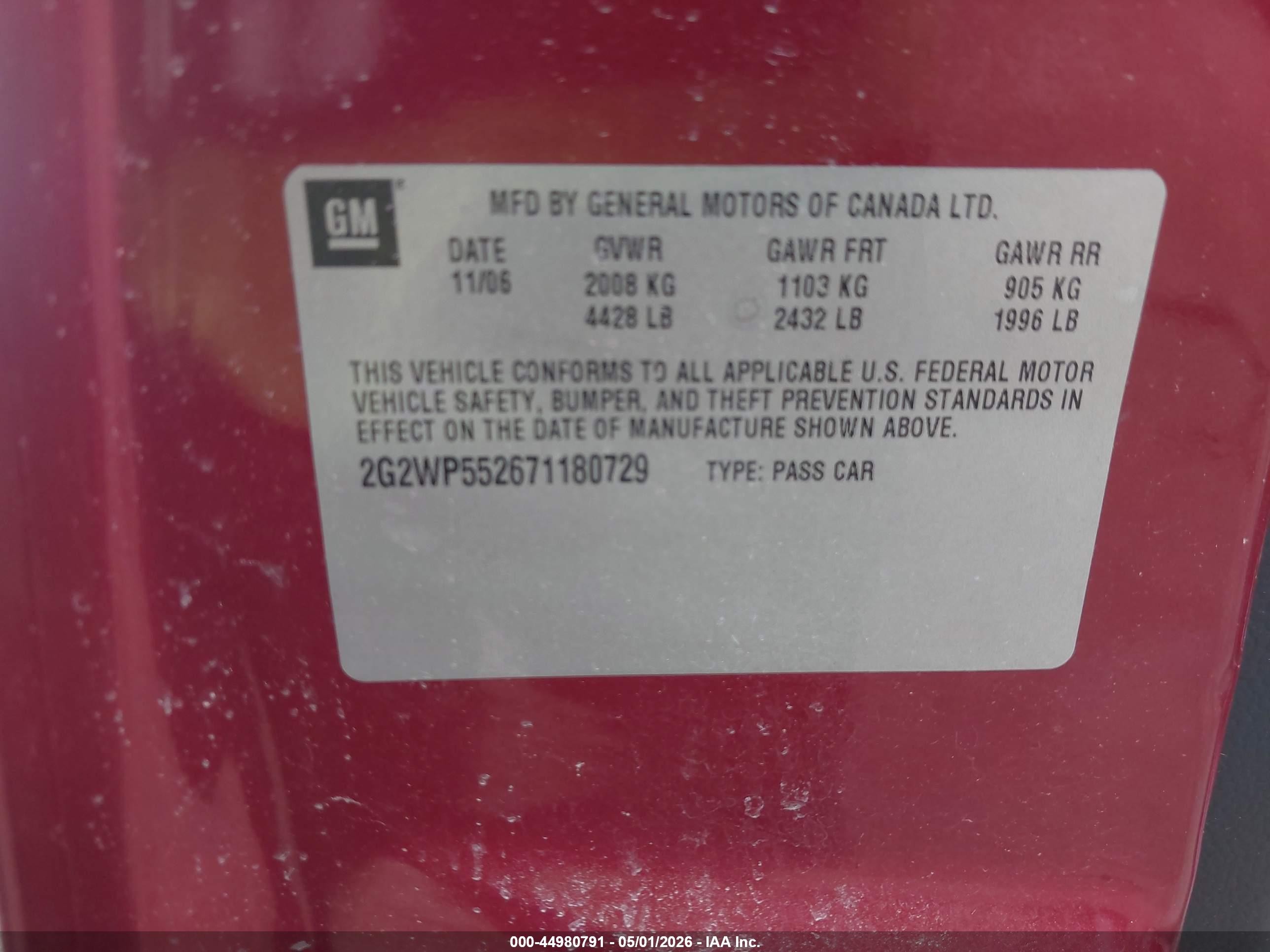 2007 Pontiac Grand Prix   Red vin: 2G2WP552671180729