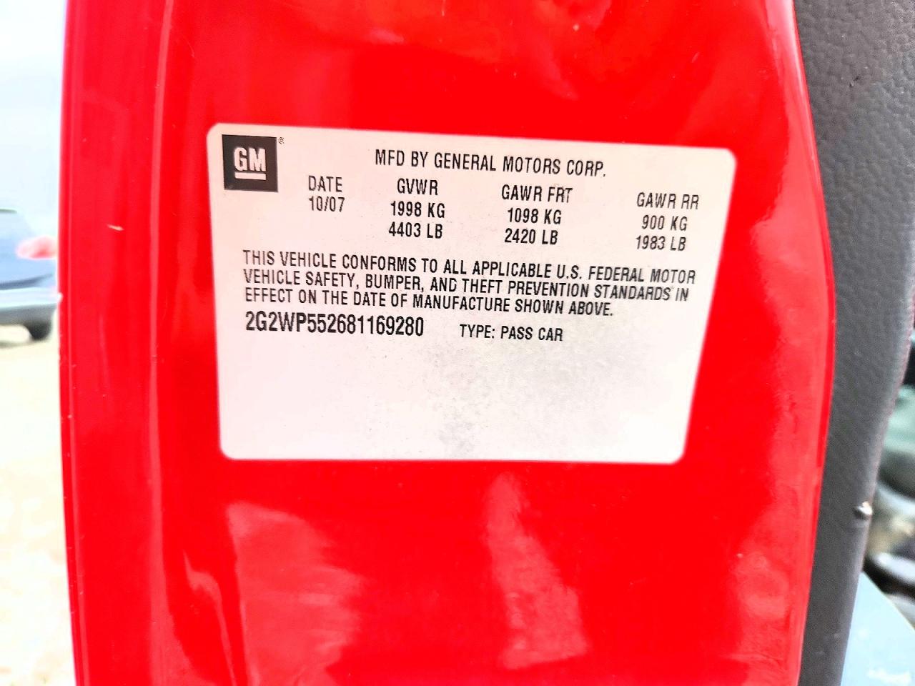 2008 Pontiac Grand Prix Red vin: 2G2WP552681169280