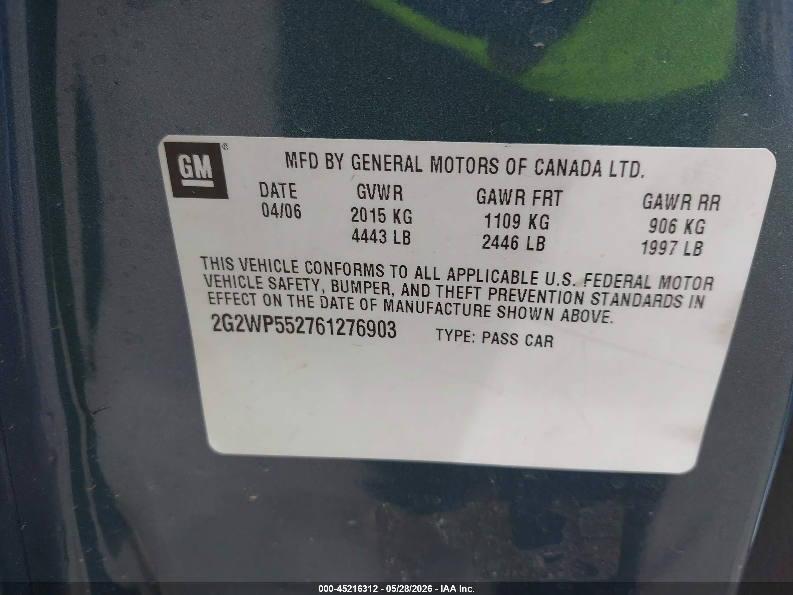 2006 Pontiac Grand Prix   Синий vin: 2G2WP552761276903