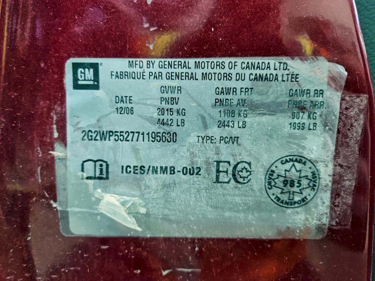 2007 Pontiac Grand Prix Red vin: 2G2WP552771195630