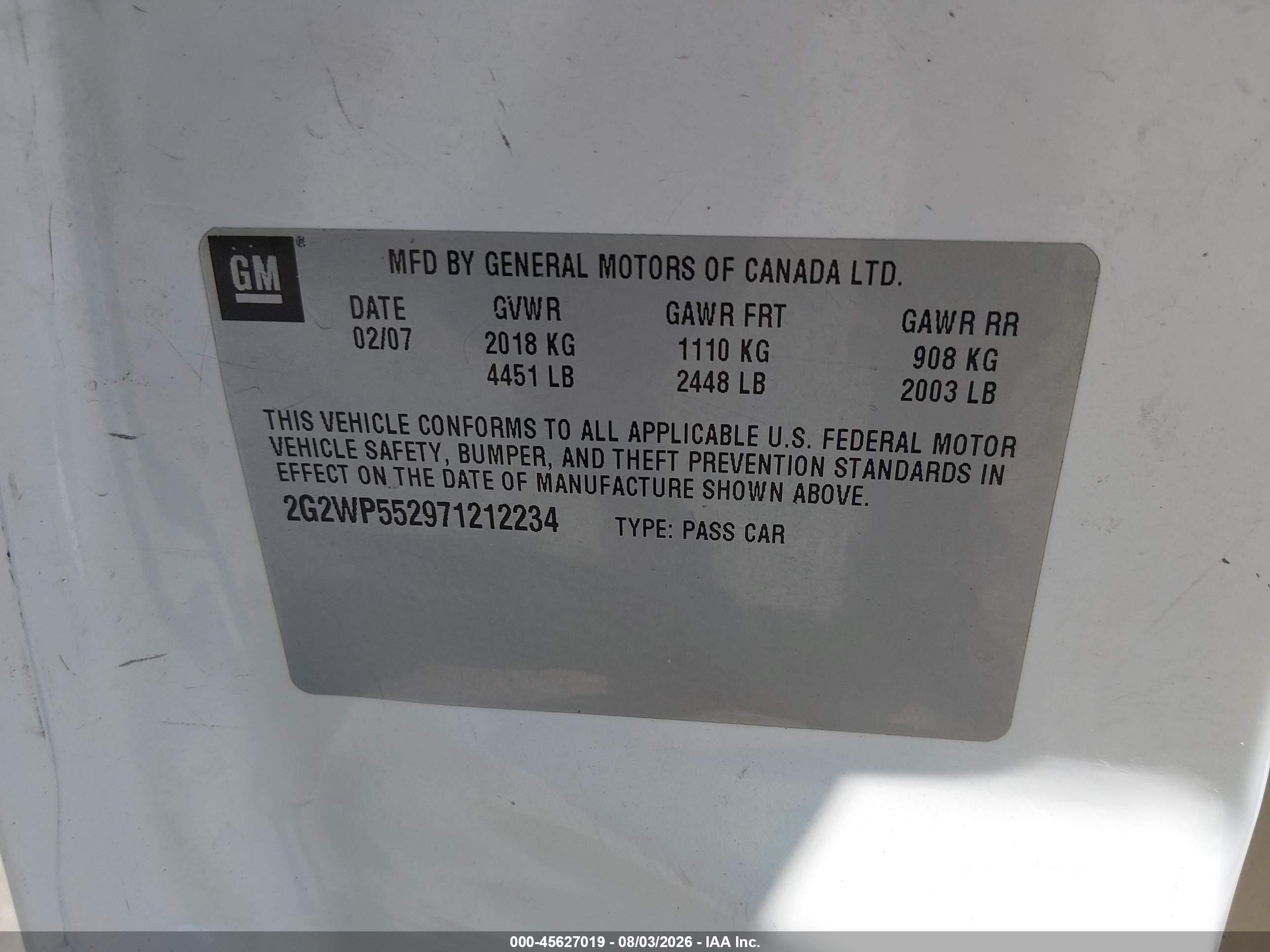 2007 Pontiac Grand Prix   Белый vin: 2G2WP552971212234