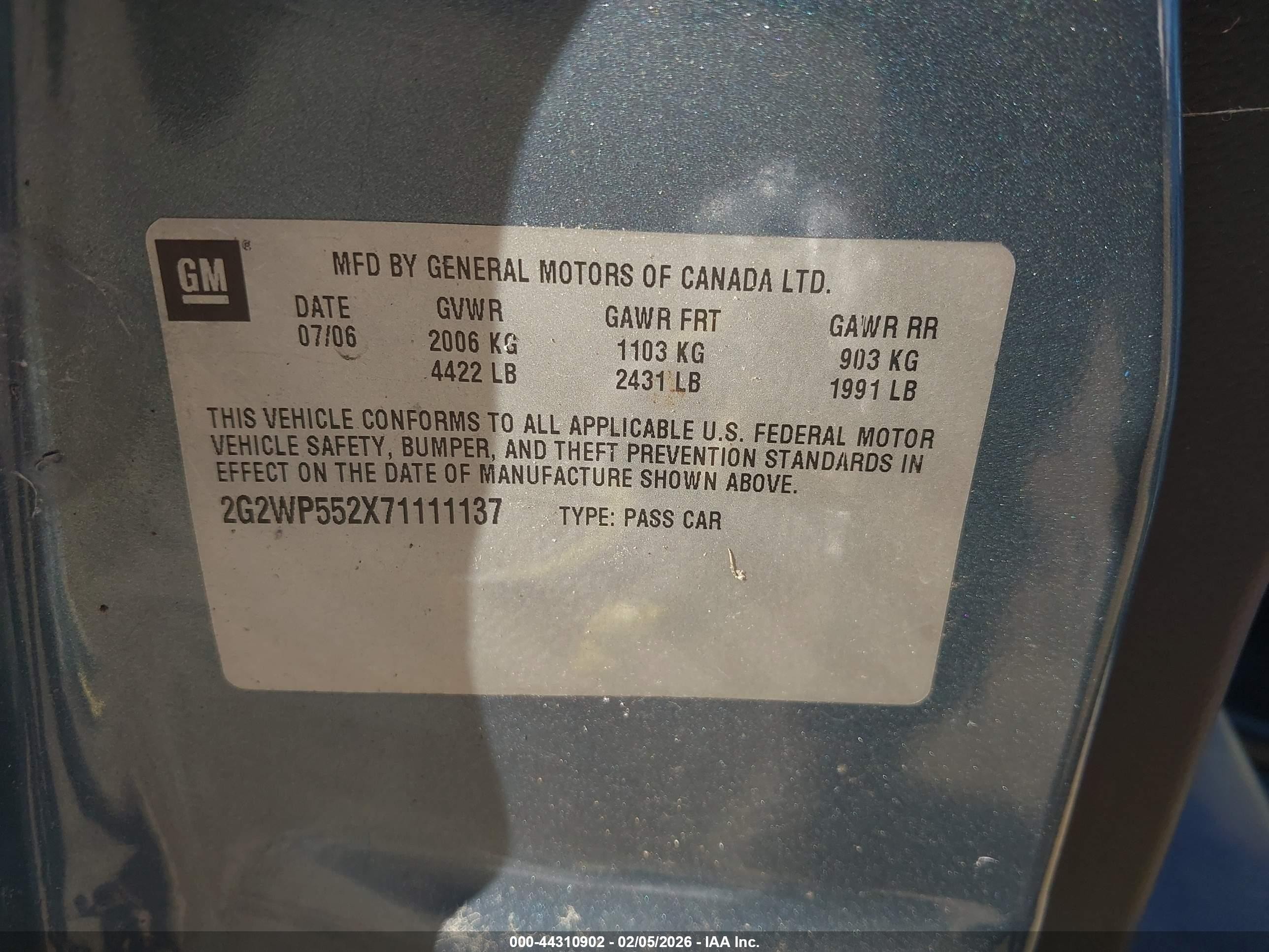 2007 Pontiac Grand Prix   Light Blue vin: 2G2WP552X71111137