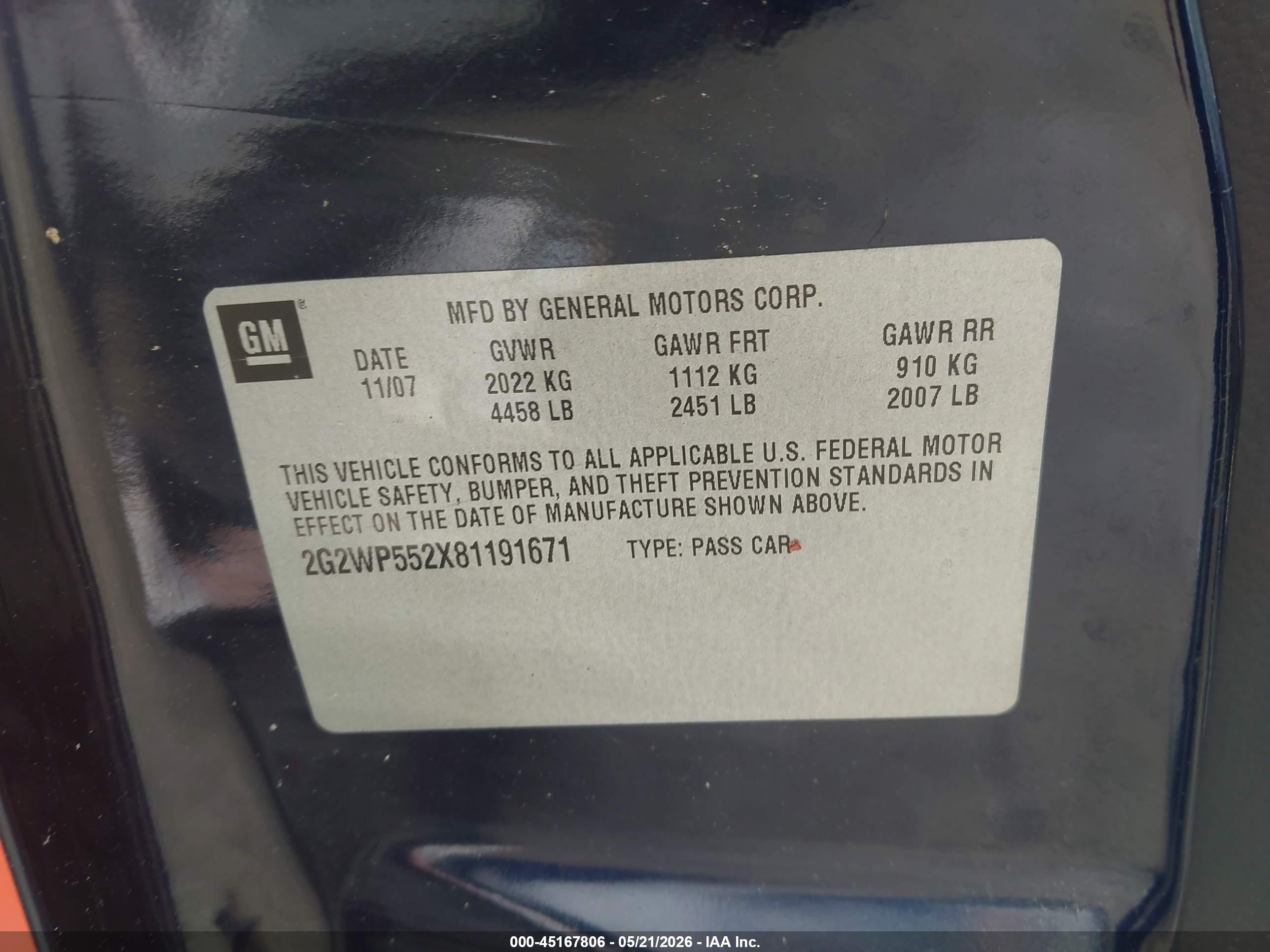 2008 Pontiac Grand Prix   Dark Blue vin: 2G2WP552X81191671