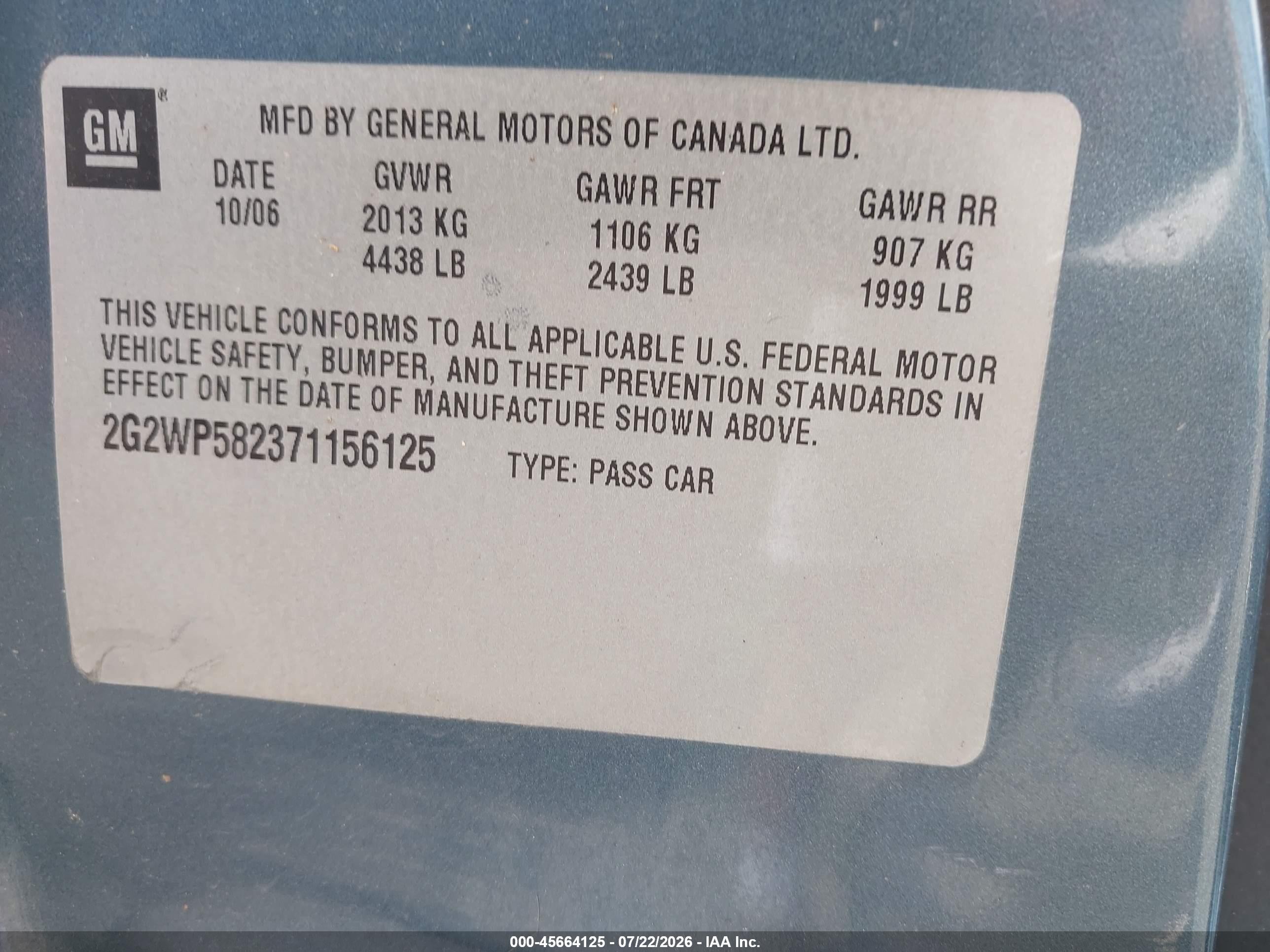 2007 Pontiac Grand Prix   Blue vin: 2G2WP582371156125