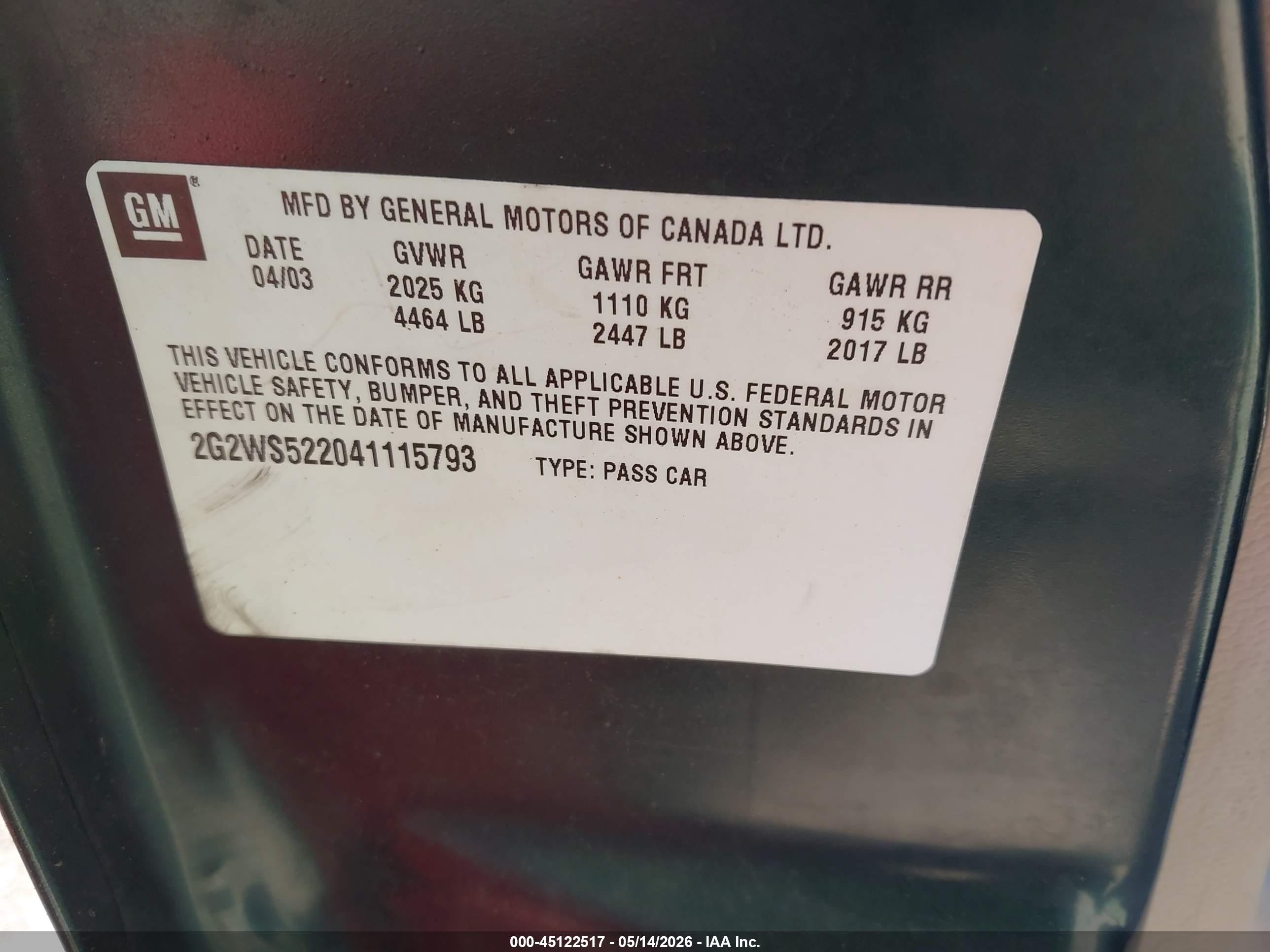 2004 Pontiac Grand Prix Gt2 Зеленый vin: 2G2WS522041115793