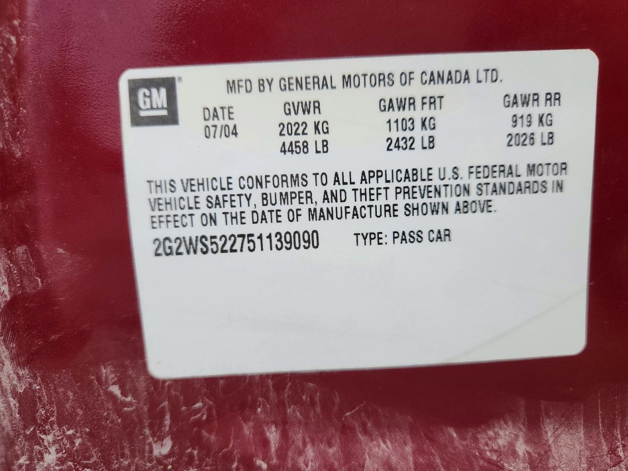 2005 Pontiac Grand Prix Gt Бордовый vin: 2G2WS522751139090