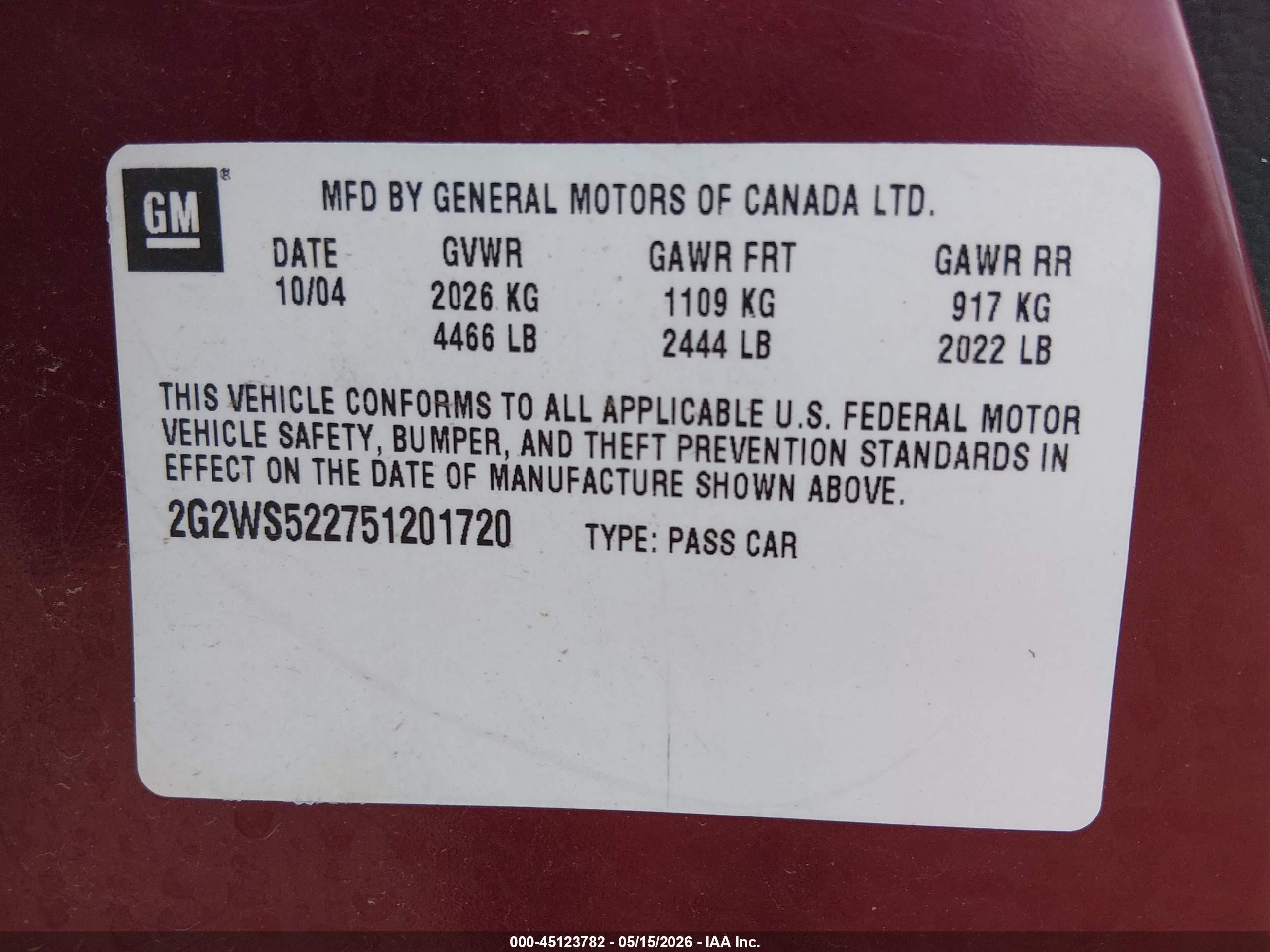 2005 Pontiac Grand Prix Gt Red vin: 2G2WS522751201720