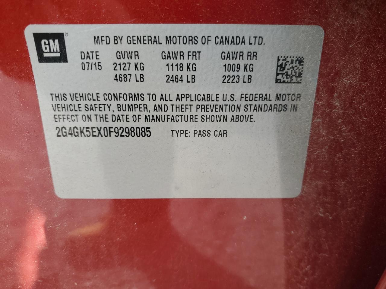 2015 Buick Regal Red vin: 2G4GK5EX0F9298085