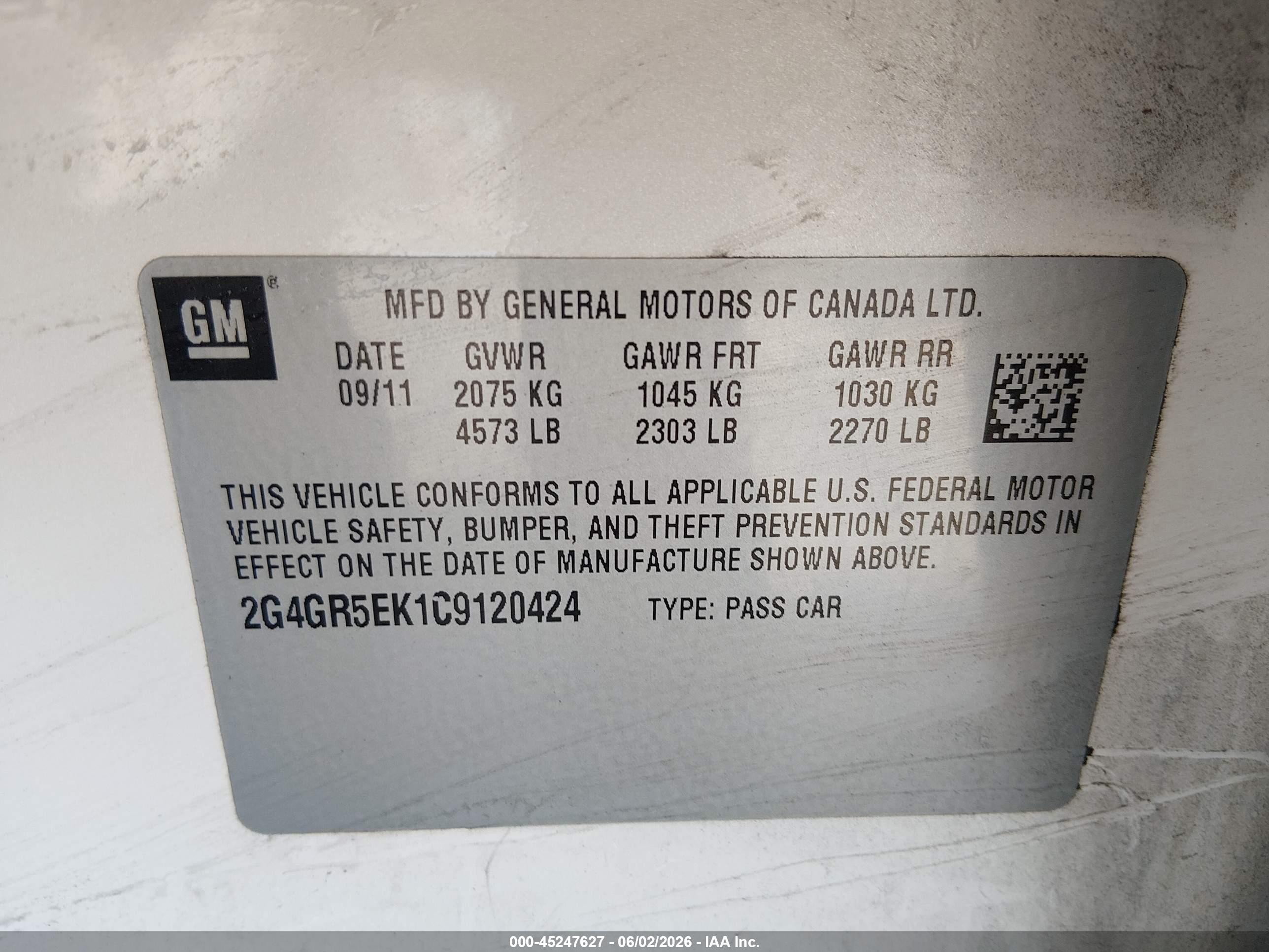 2012 Buick Regal   White vin: 2G4GR5EK1C9120424