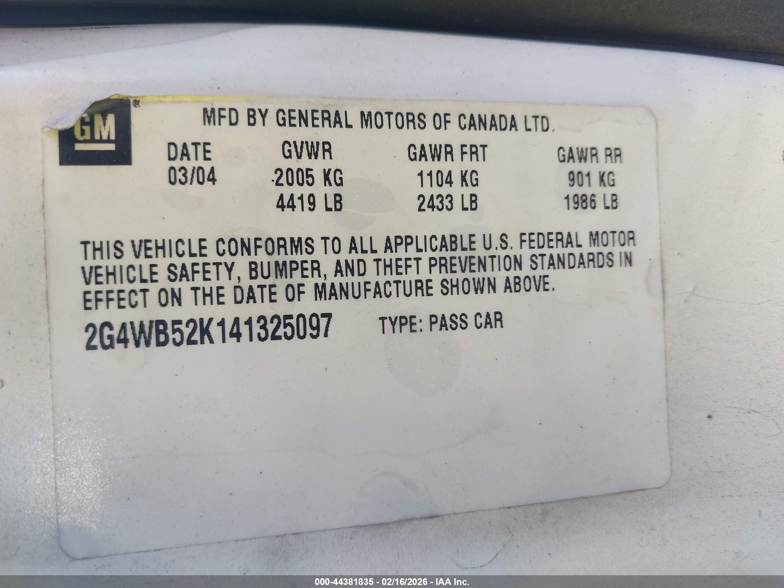 2004 Buick Regal Ls White vin: 2G4WB52K141325097
