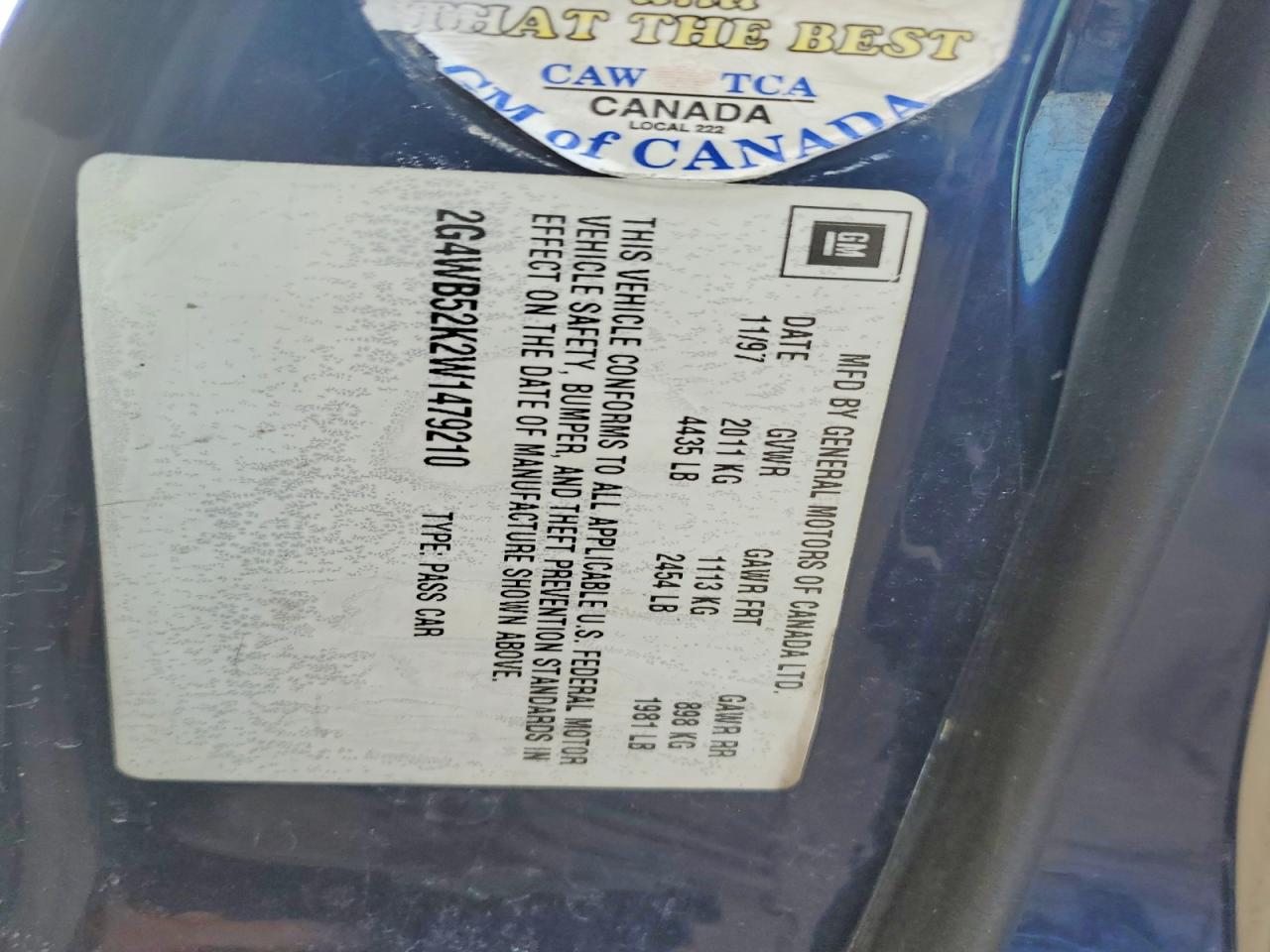 1998 Buick Regal Blue vin: 2G4WB52K2W1479210