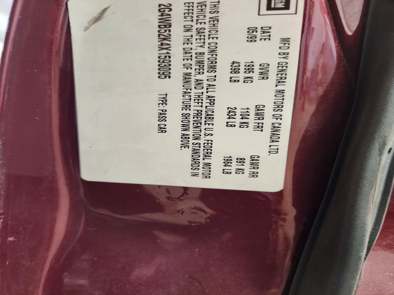 1999 Buick Regal Ls/lse Burgundy vin: 2G4WB52K4X1593095