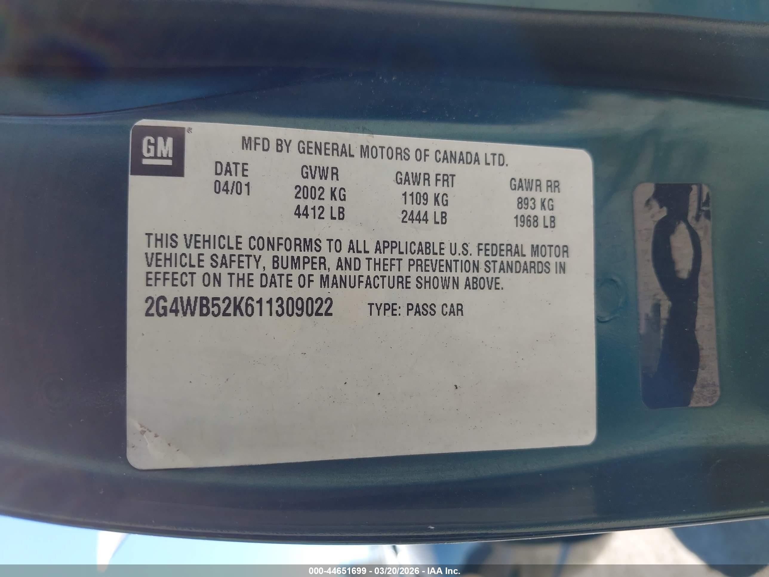 2001 Buick Regal Ls Green vin: 2G4WB52K611309022
