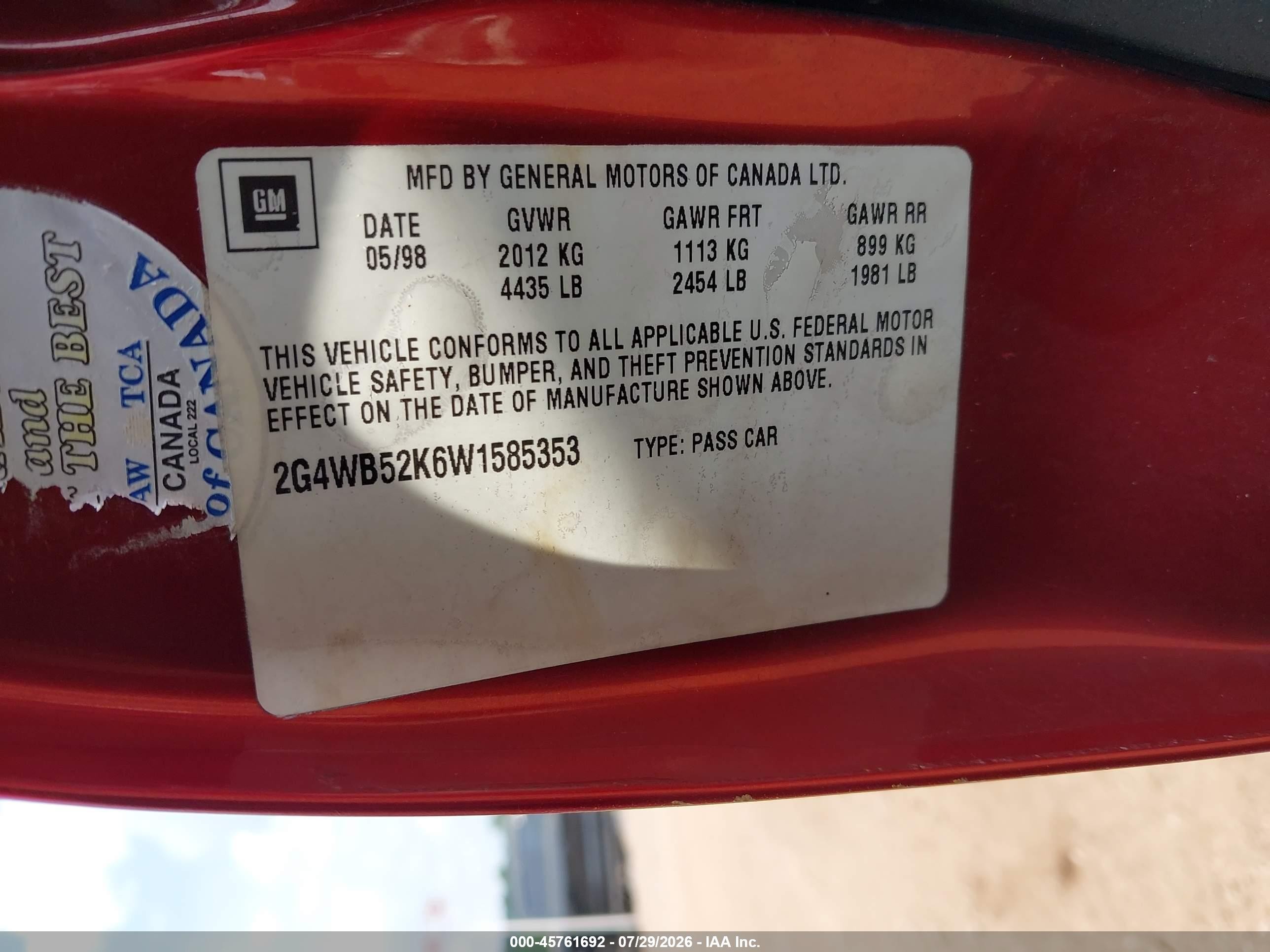 1998 Buick Regal Ls Red vin: 2G4WB52K6W1585353